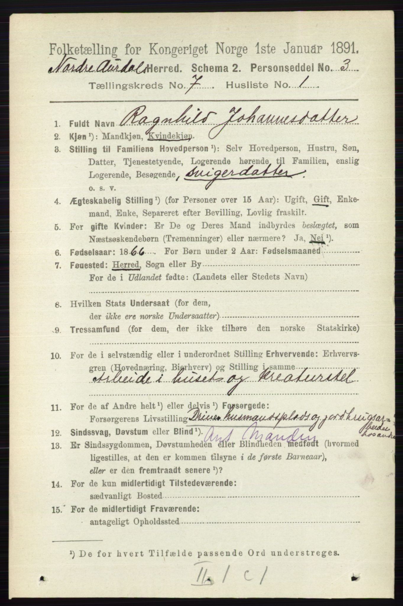 RA, 1891 census for 0542 Nord-Aurdal, 1891, p. 2385