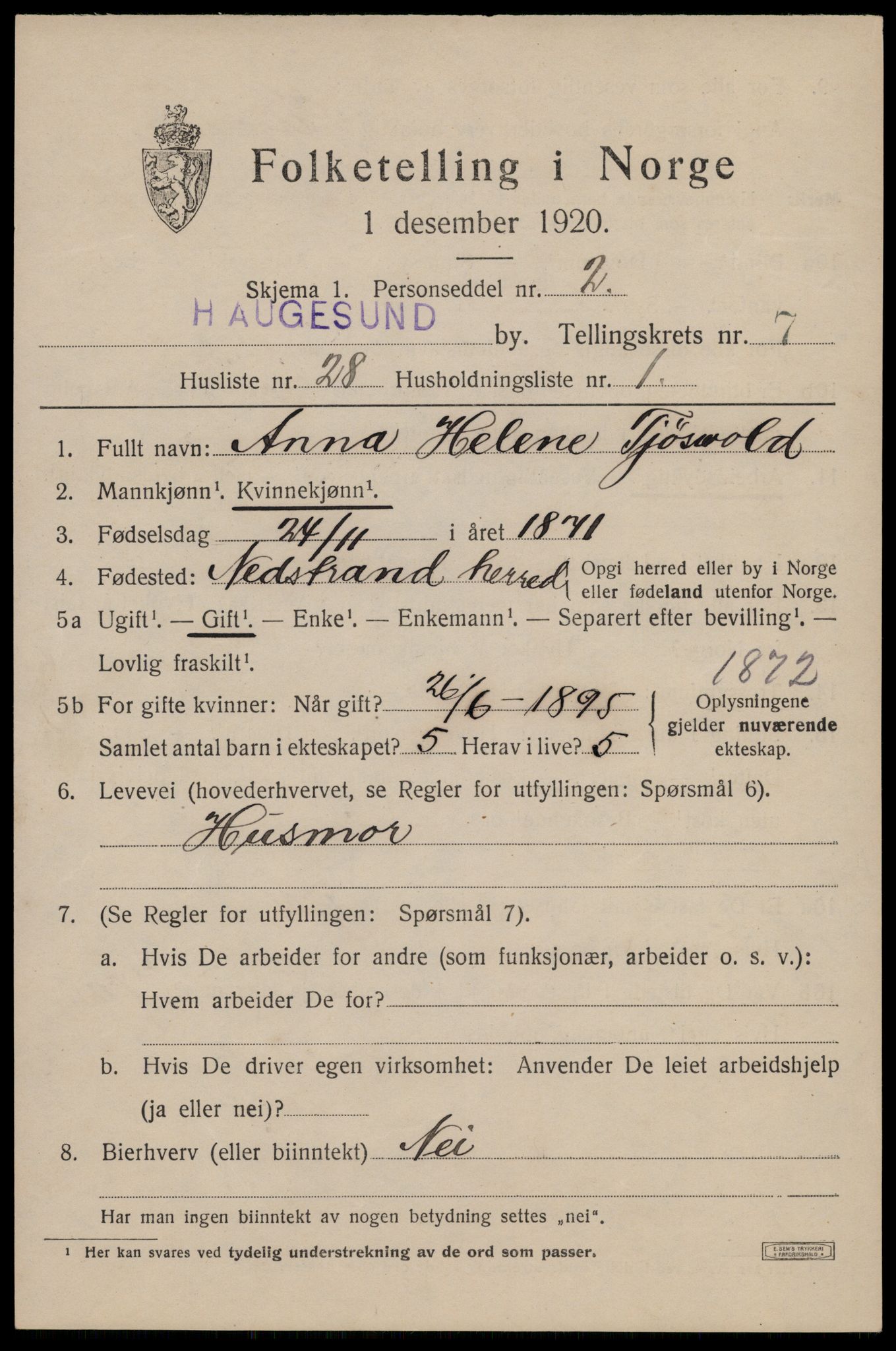 SAST, 1920 census for Haugesund, 1920, p. 25511