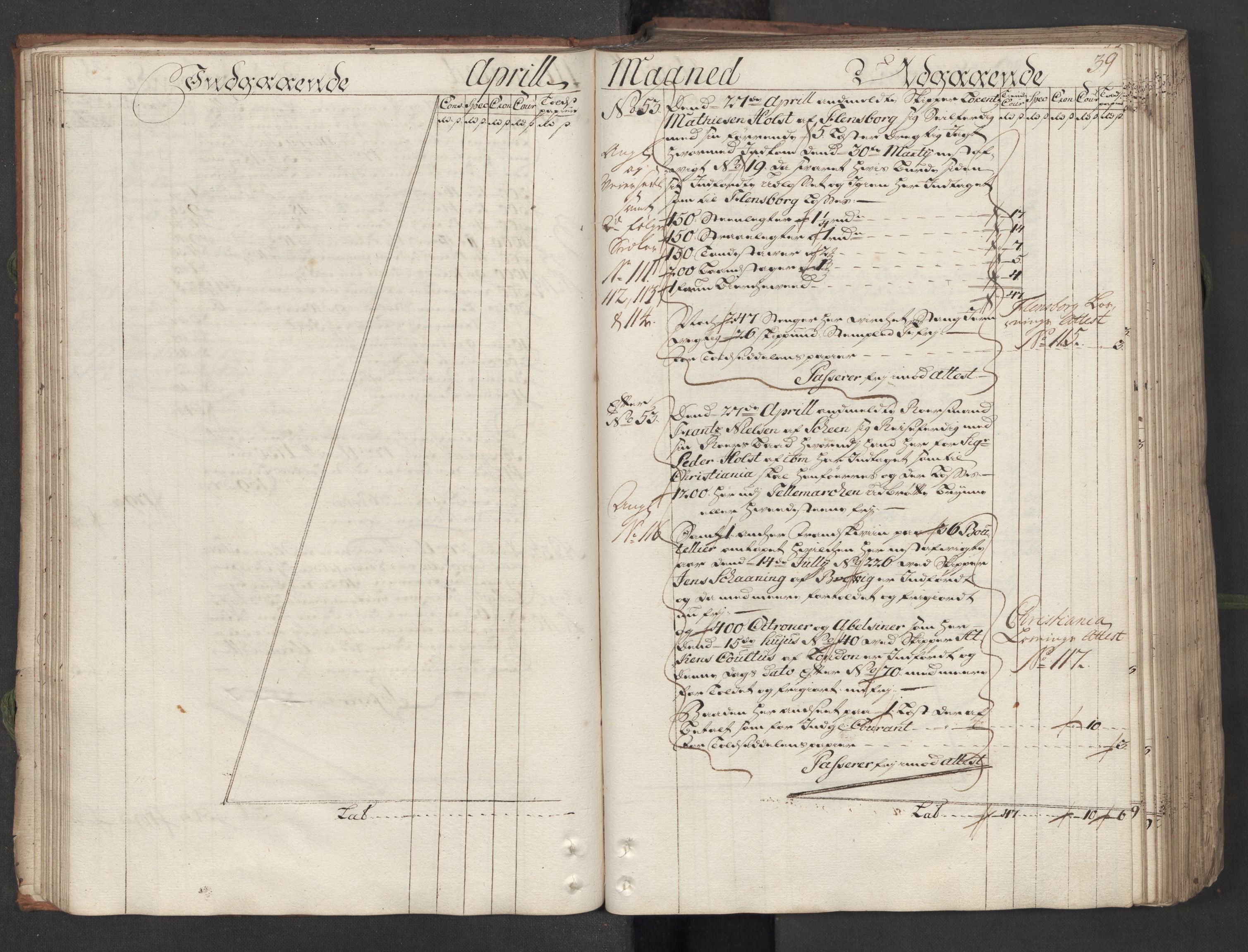 Generaltollkammeret, tollregnskaper, AV/RA-EA-5490/R12/L0009/0001: Tollregnskaper Langesund / Hovedtollbok, 1733, p. 38b-39a