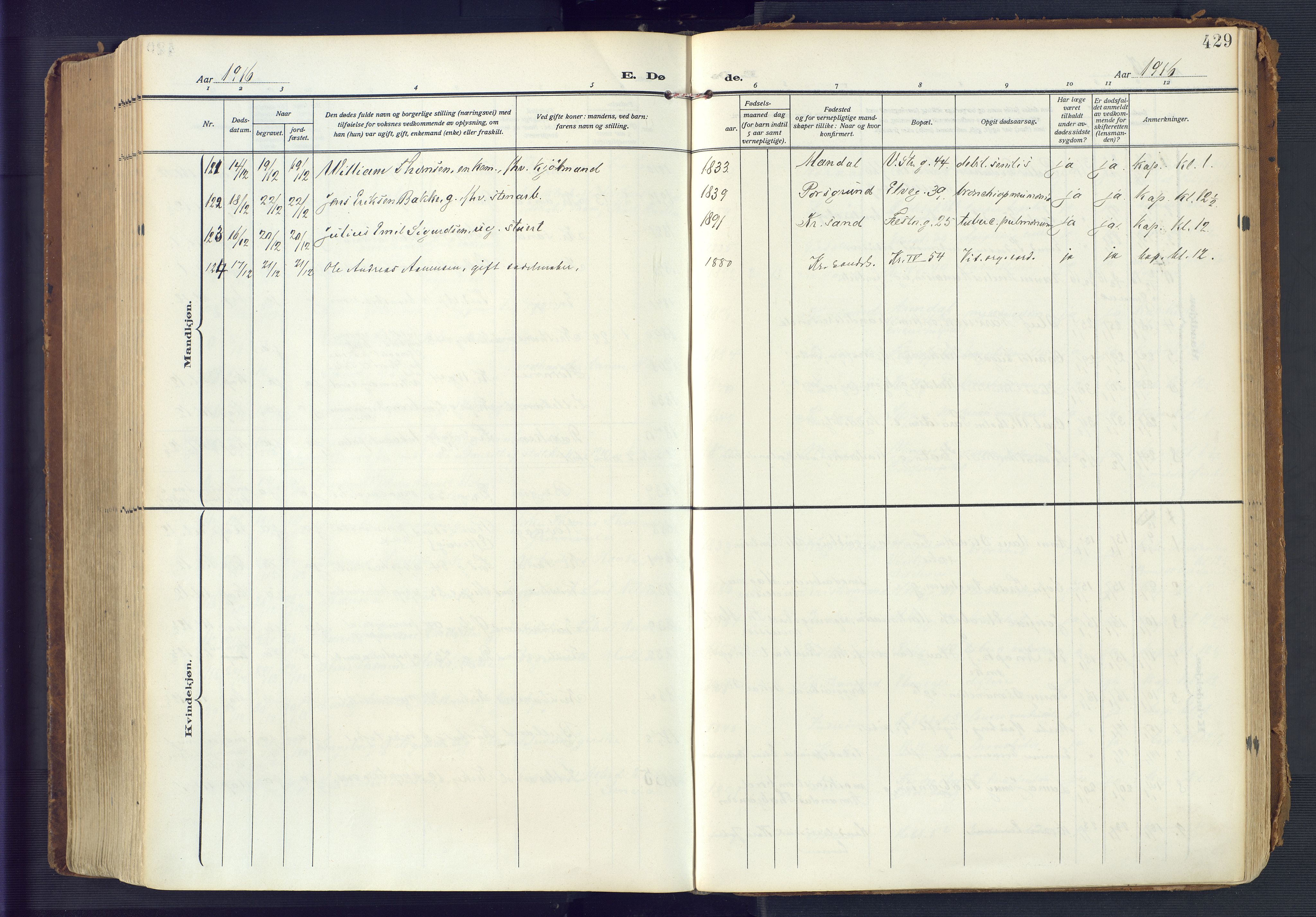 Kristiansand domprosti, AV/SAK-1112-0006/F/Fa/L0023: Parish register (official) no. A 22, 1909-1917, p. 429