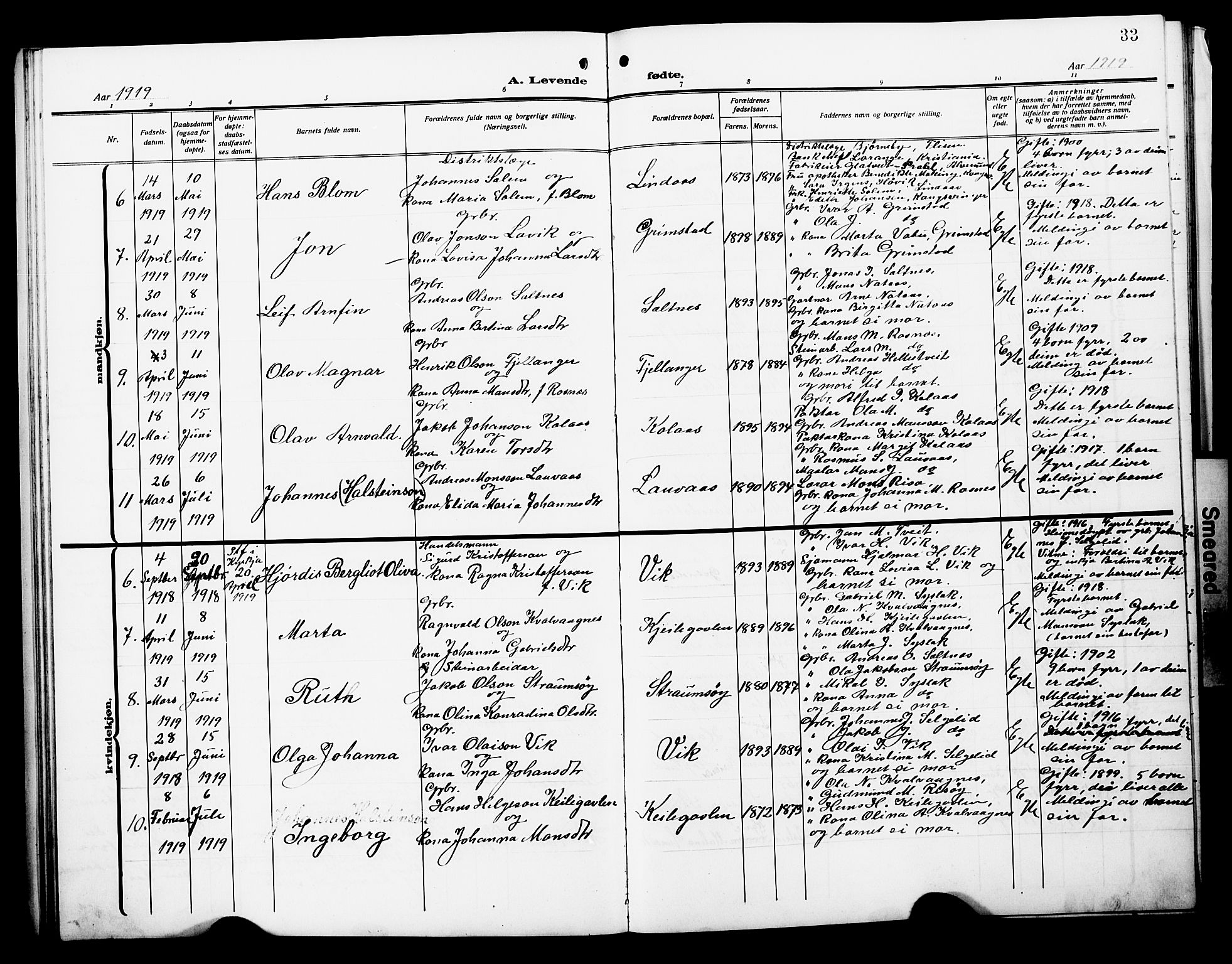 Lindås Sokneprestembete, AV/SAB-A-76701/H/Hab/Habb/L0004: Parish register (copy) no. B 4, 1912-1929, p. 33