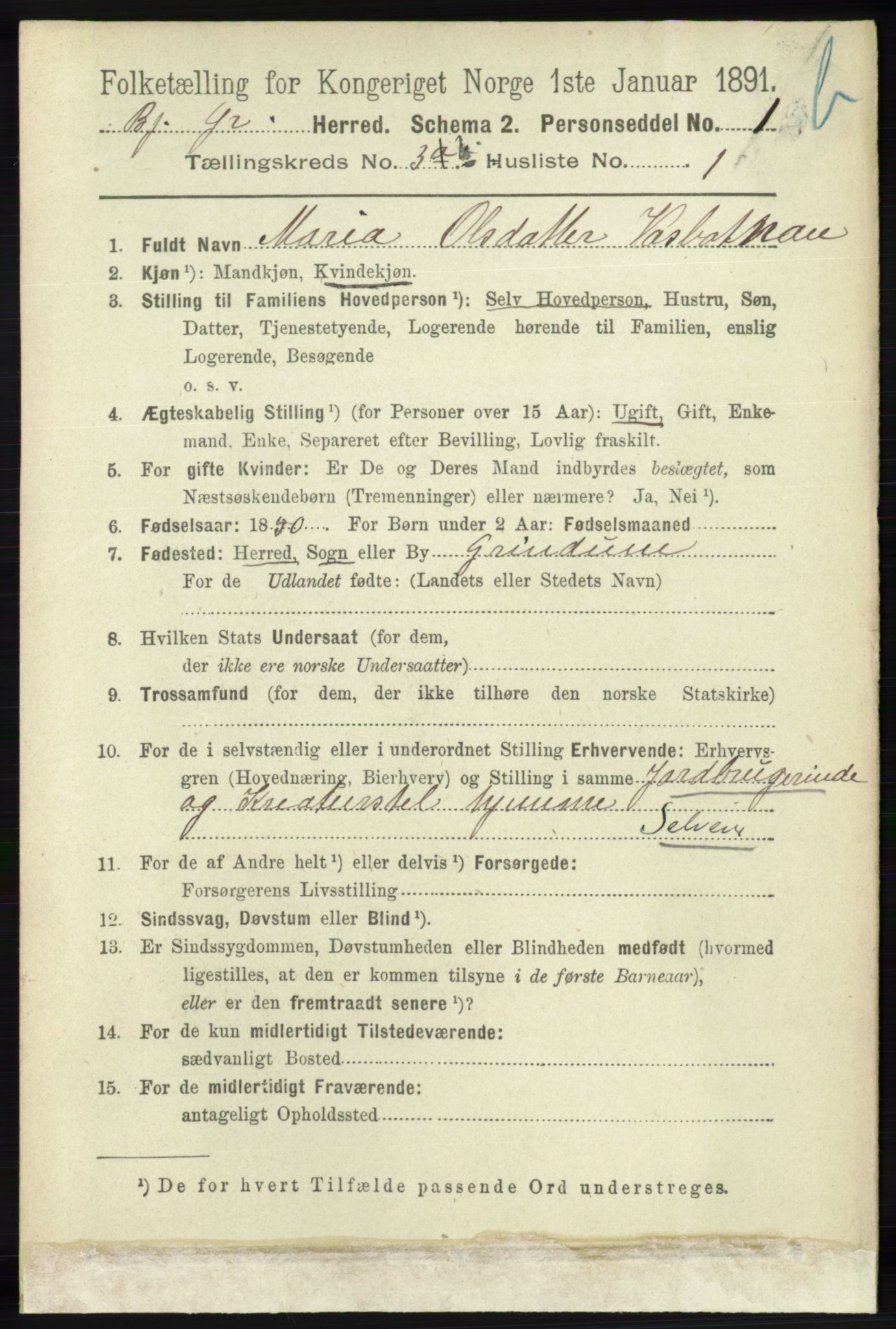 RA, 1891 census for 1024 Bjelland og Grindheim, 1891, p. 1790