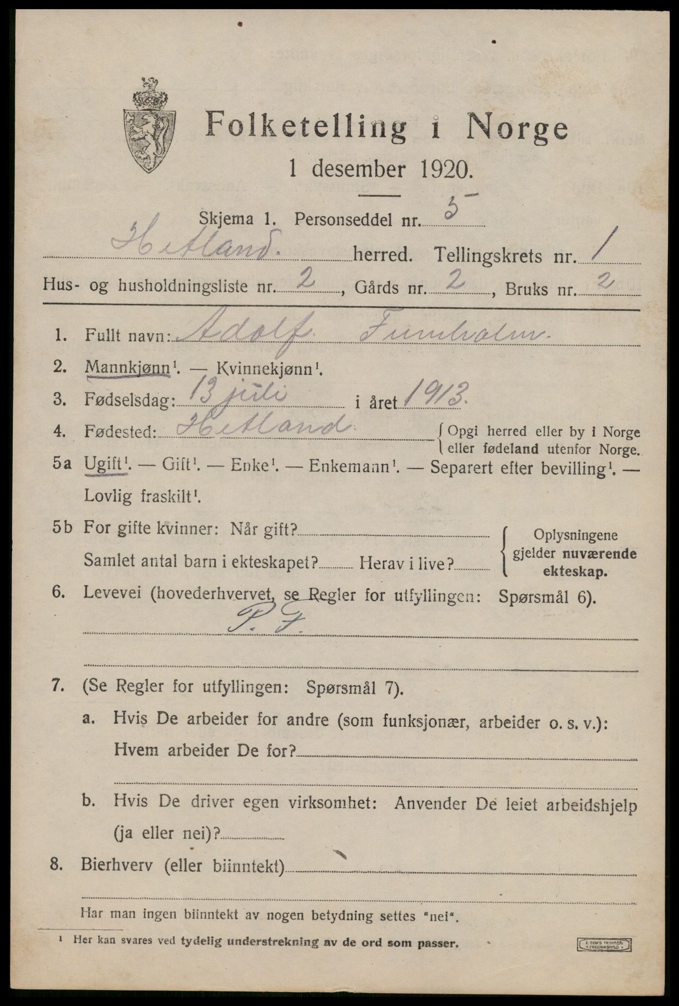 SAST, 1920 census for Hetland, 1920, p. 3583