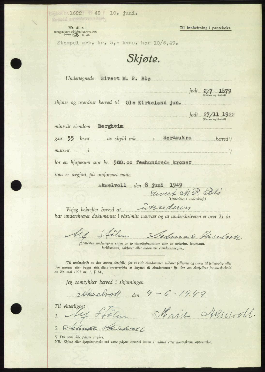 Romsdal sorenskriveri, AV/SAT-A-4149/1/2/2C: Mortgage book no. A30, 1949-1949, Diary no: : 1622/1949