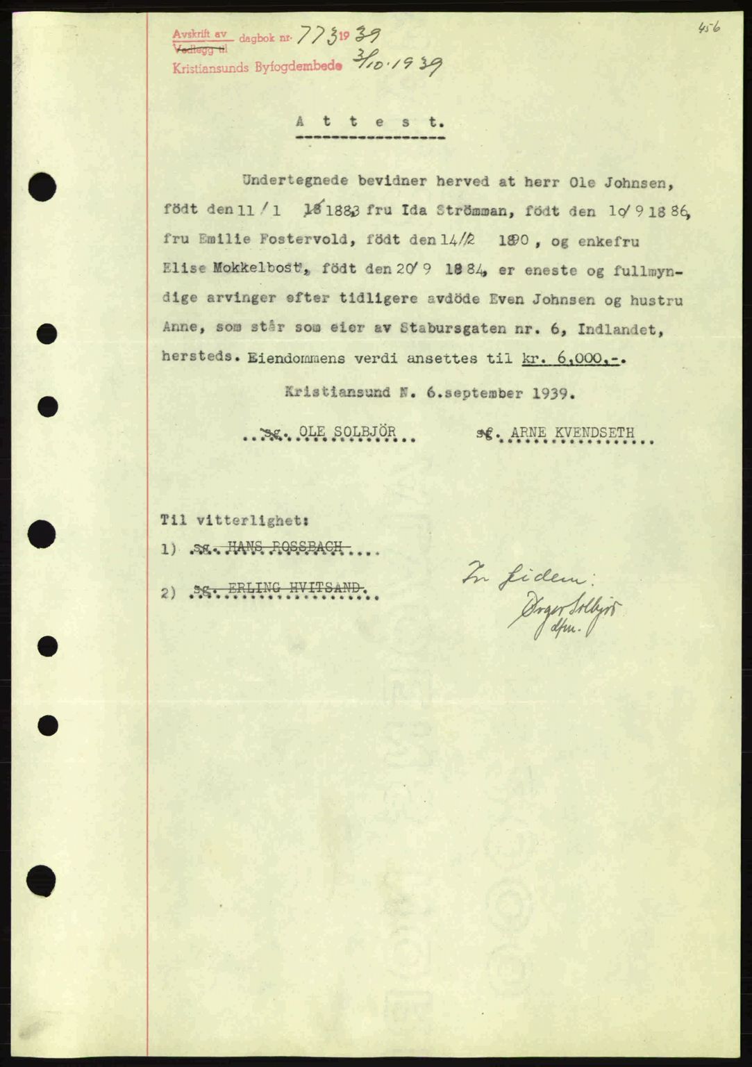 Kristiansund byfogd, SAT/A-4587/A/27: Mortgage book no. 31, 1938-1939, Diary no: : 773/1939