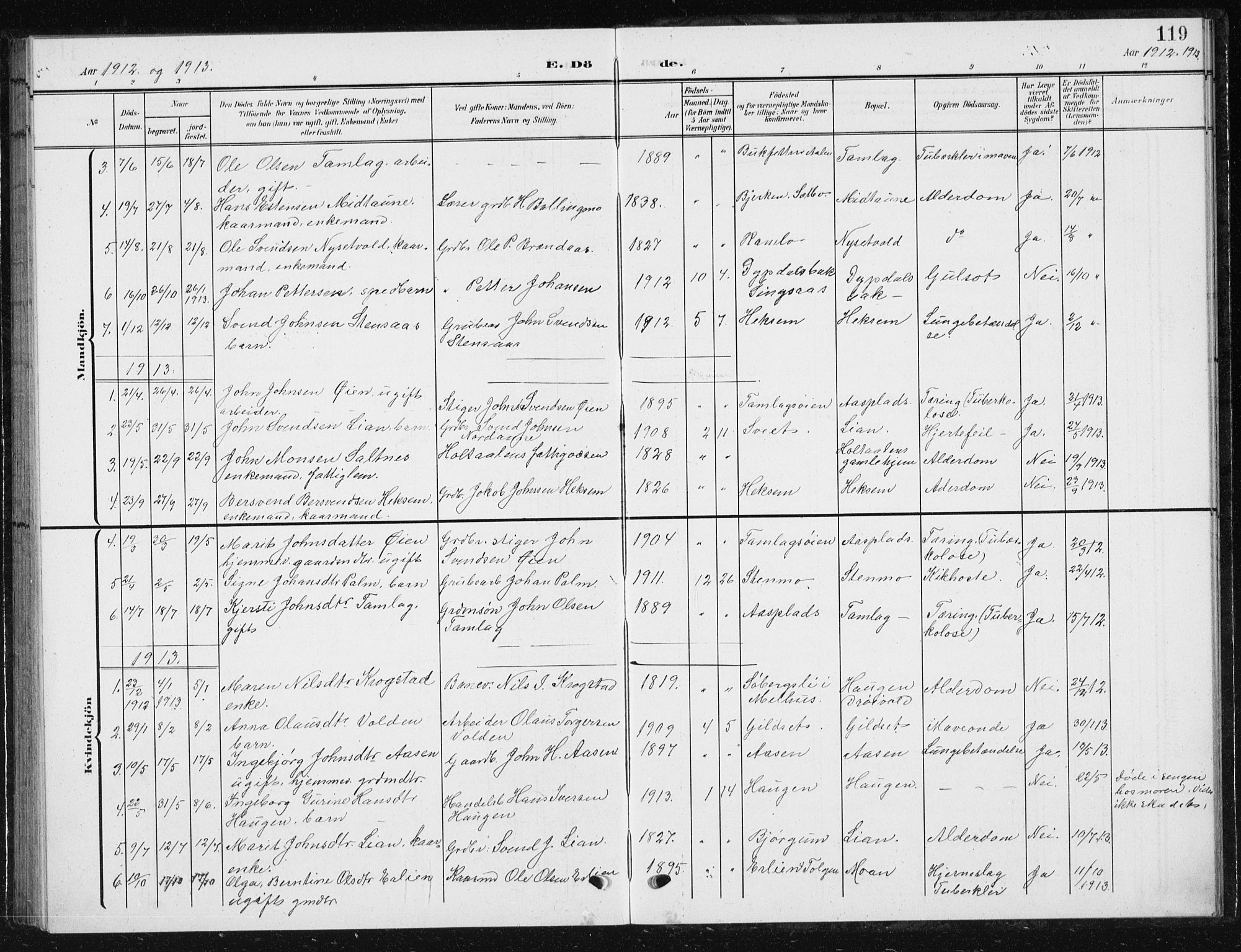 Ministerialprotokoller, klokkerbøker og fødselsregistre - Sør-Trøndelag, SAT/A-1456/685/L0979: Parish register (copy) no. 685C04, 1908-1933, p. 119