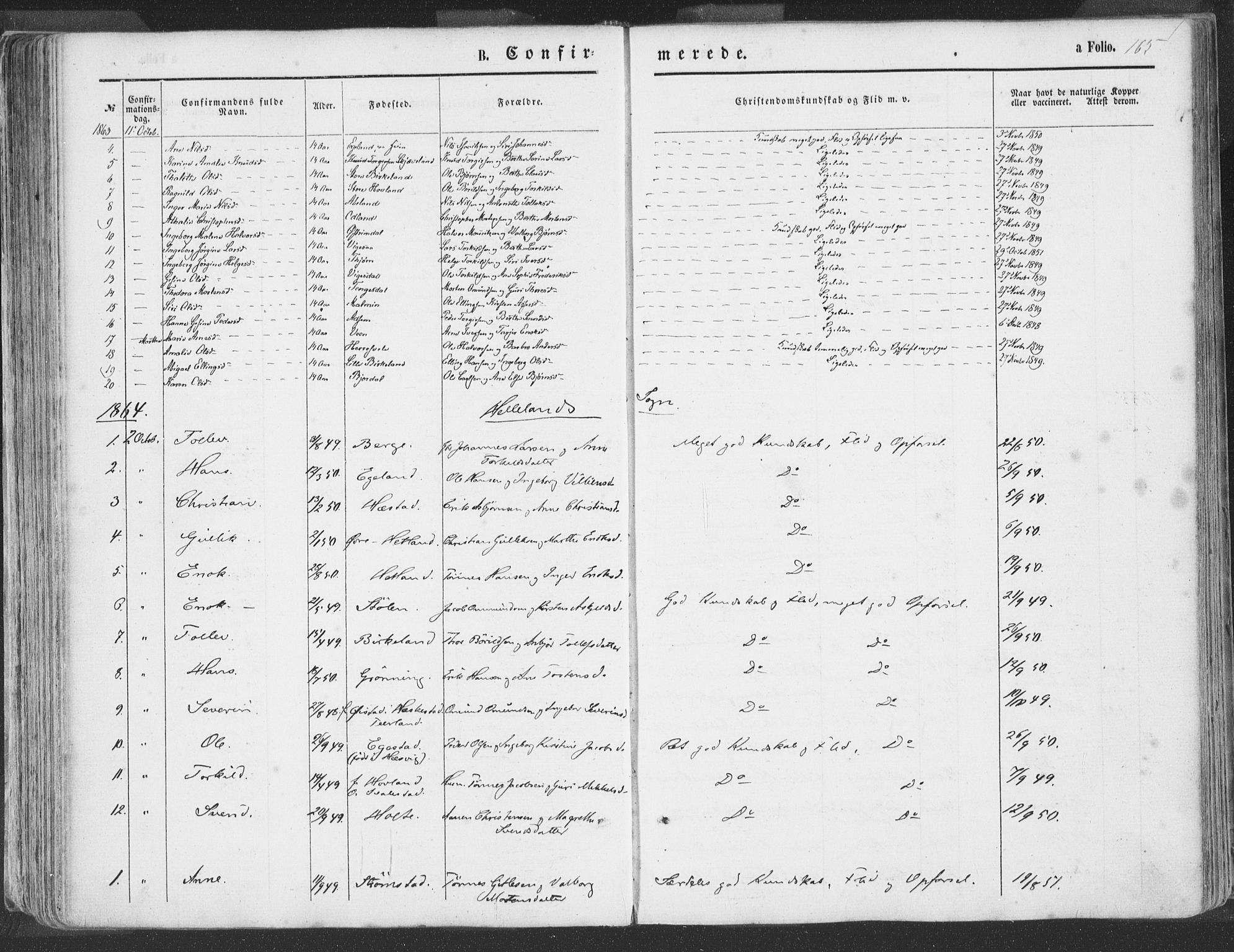 Helleland sokneprestkontor, SAST/A-101810: Parish register (official) no. A 7.1, 1863-1886, p. 165
