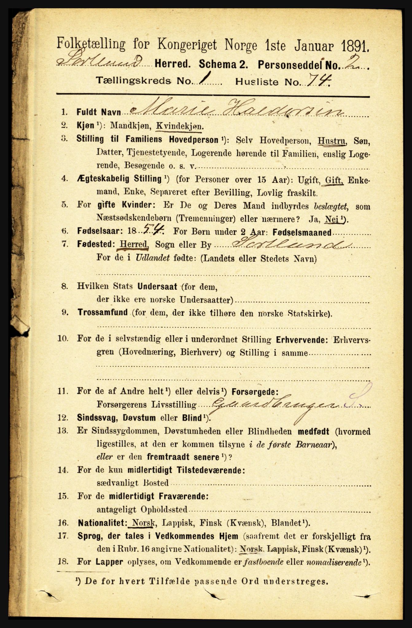 RA, 1891 census for 1870 Sortland, 1891, p. 614