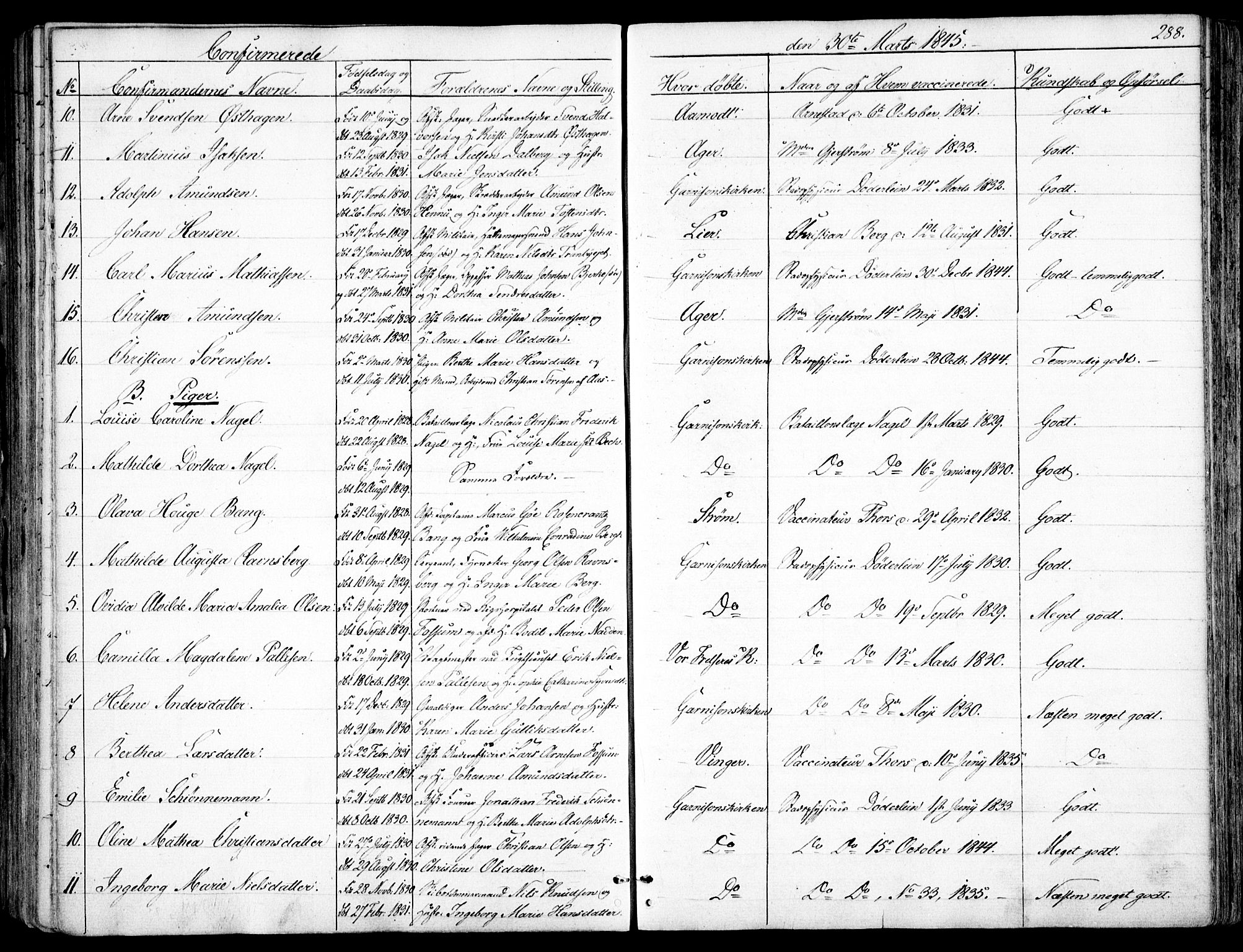 Garnisonsmenigheten Kirkebøker, AV/SAO-A-10846/F/Fa/L0008: Parish register (official) no. 8, 1842-1859, p. 288