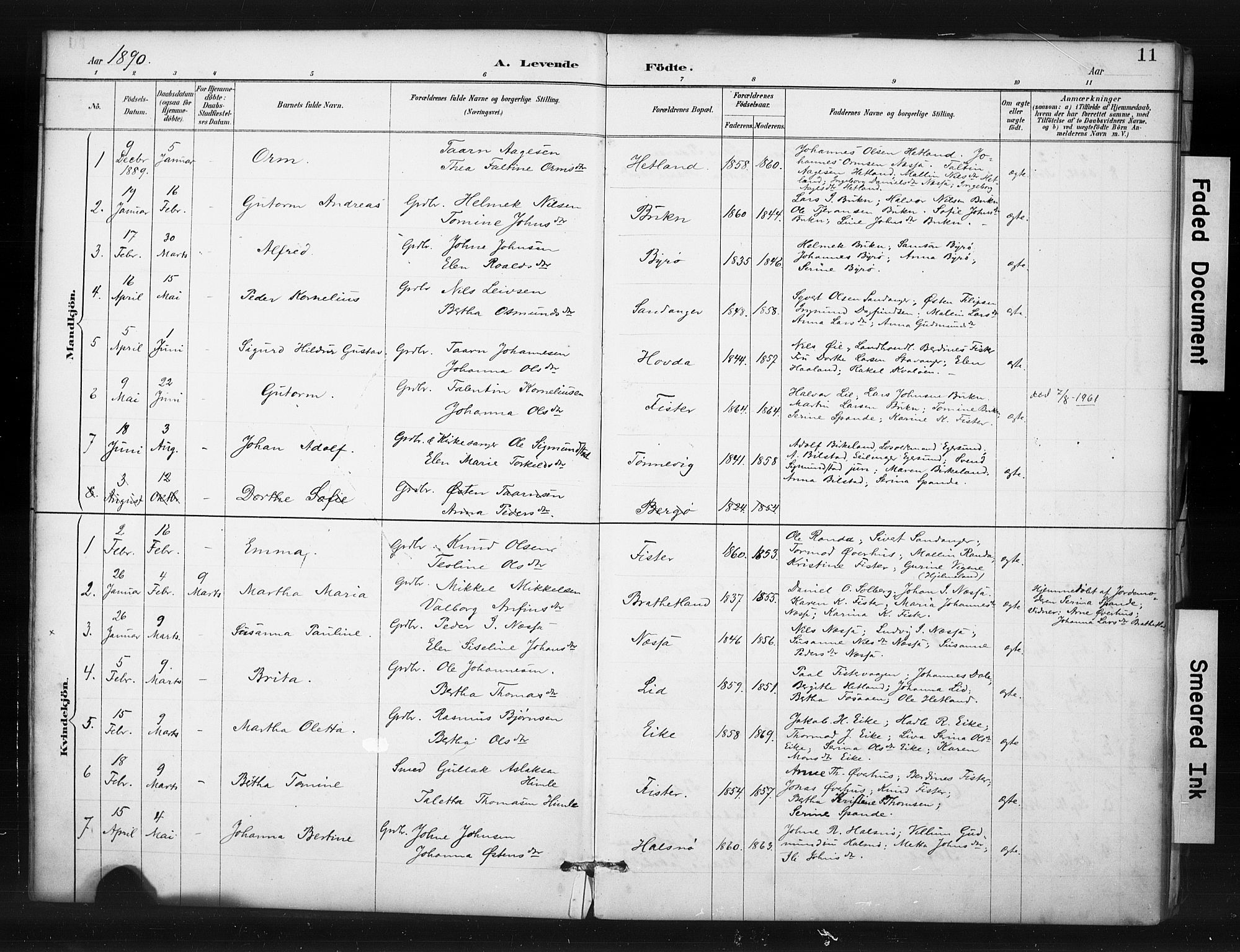 Hjelmeland sokneprestkontor, AV/SAST-A-101843/01/IV/L0015: Parish register (official) no. A 15, 1887-1910, p. 11