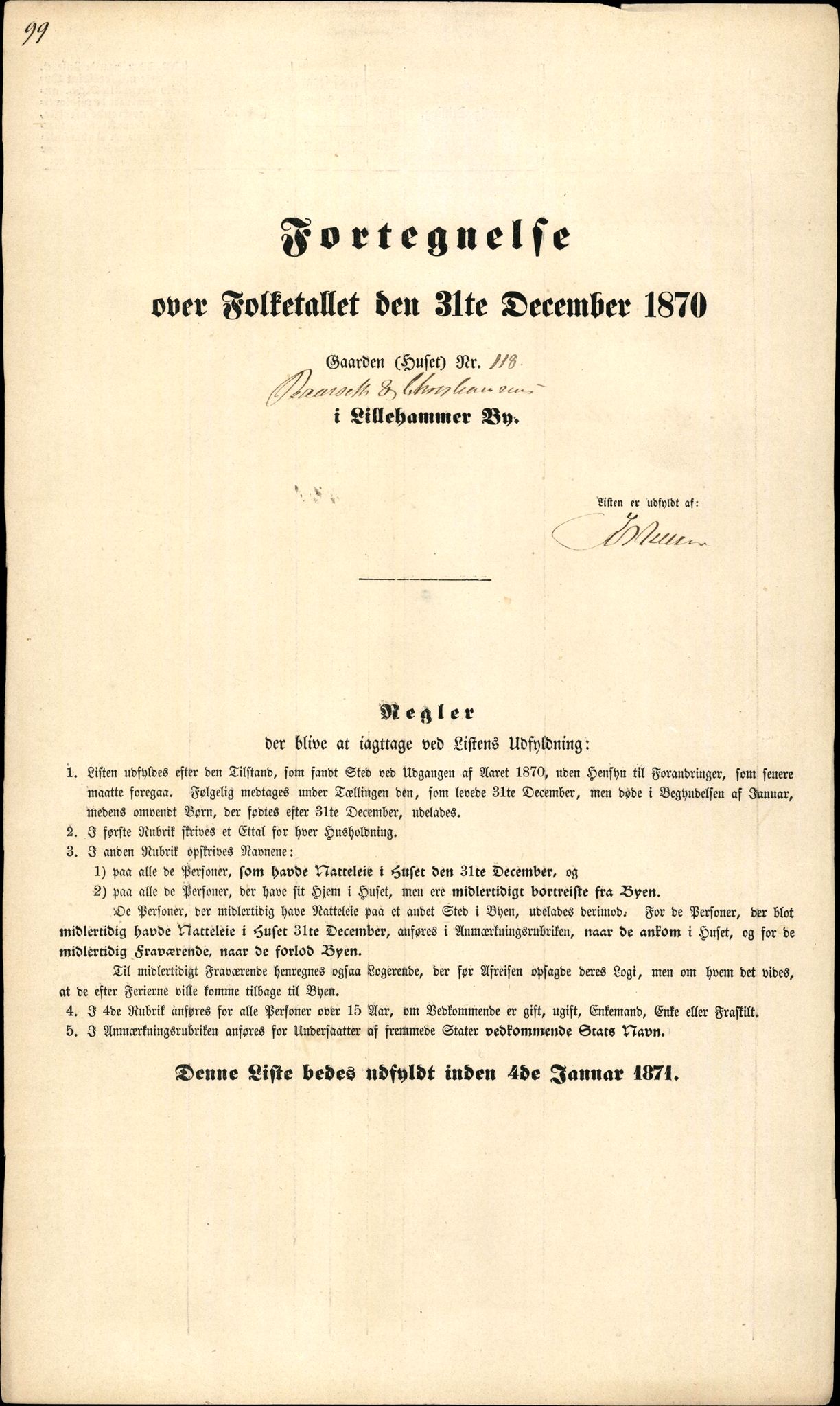 RA, 1870 census for 0501 Lillehammer, 1870, p. 99