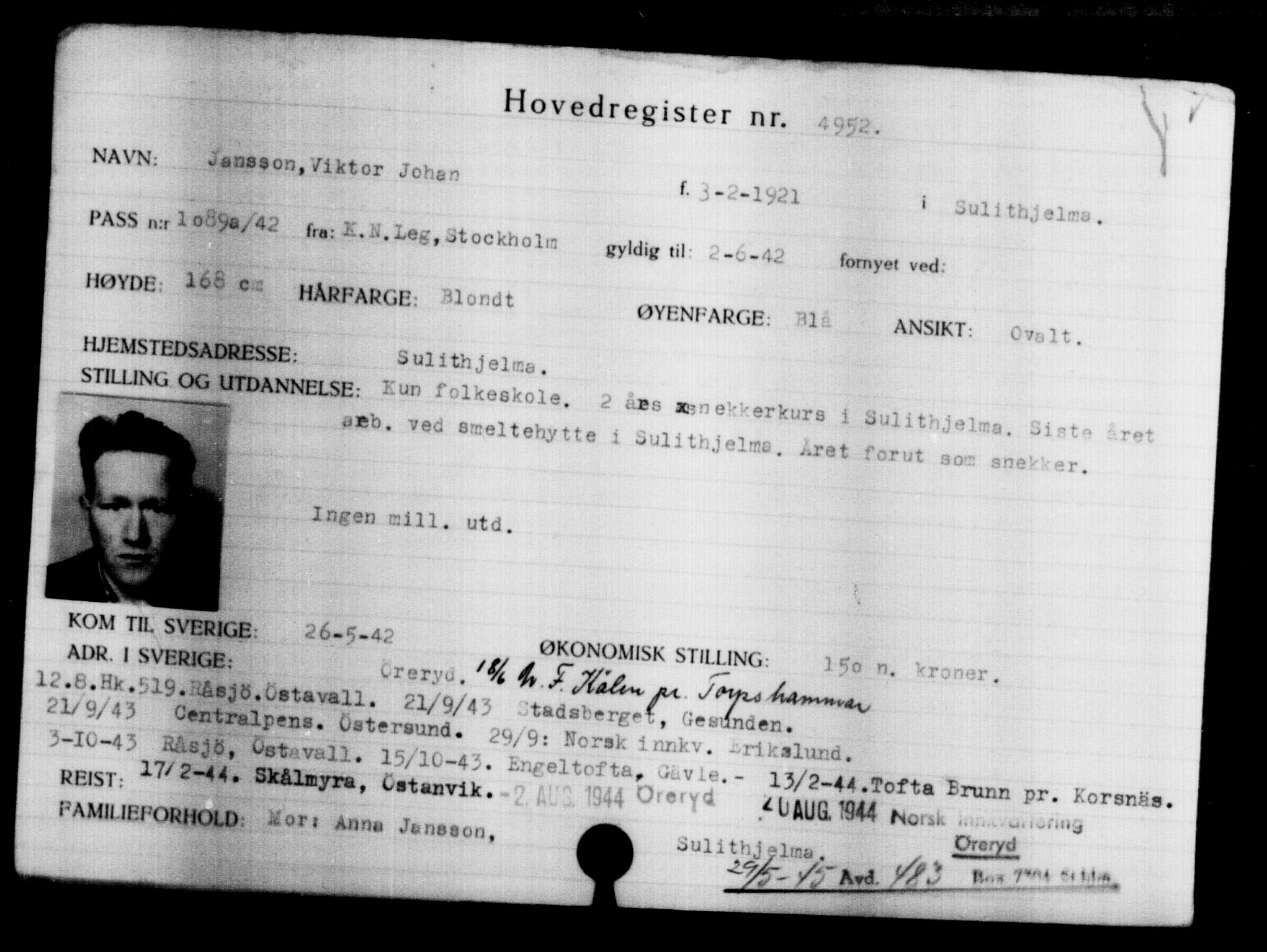 Utenriksstasjonene, Legasjonen i Stockholm, Flyktningkontoret, AV/RA-S-6753/V/Va/L0004: Kjesäterkartoteket, flyktninger med registreringsnr. 3496-6610, 1940-1945, p. 1730