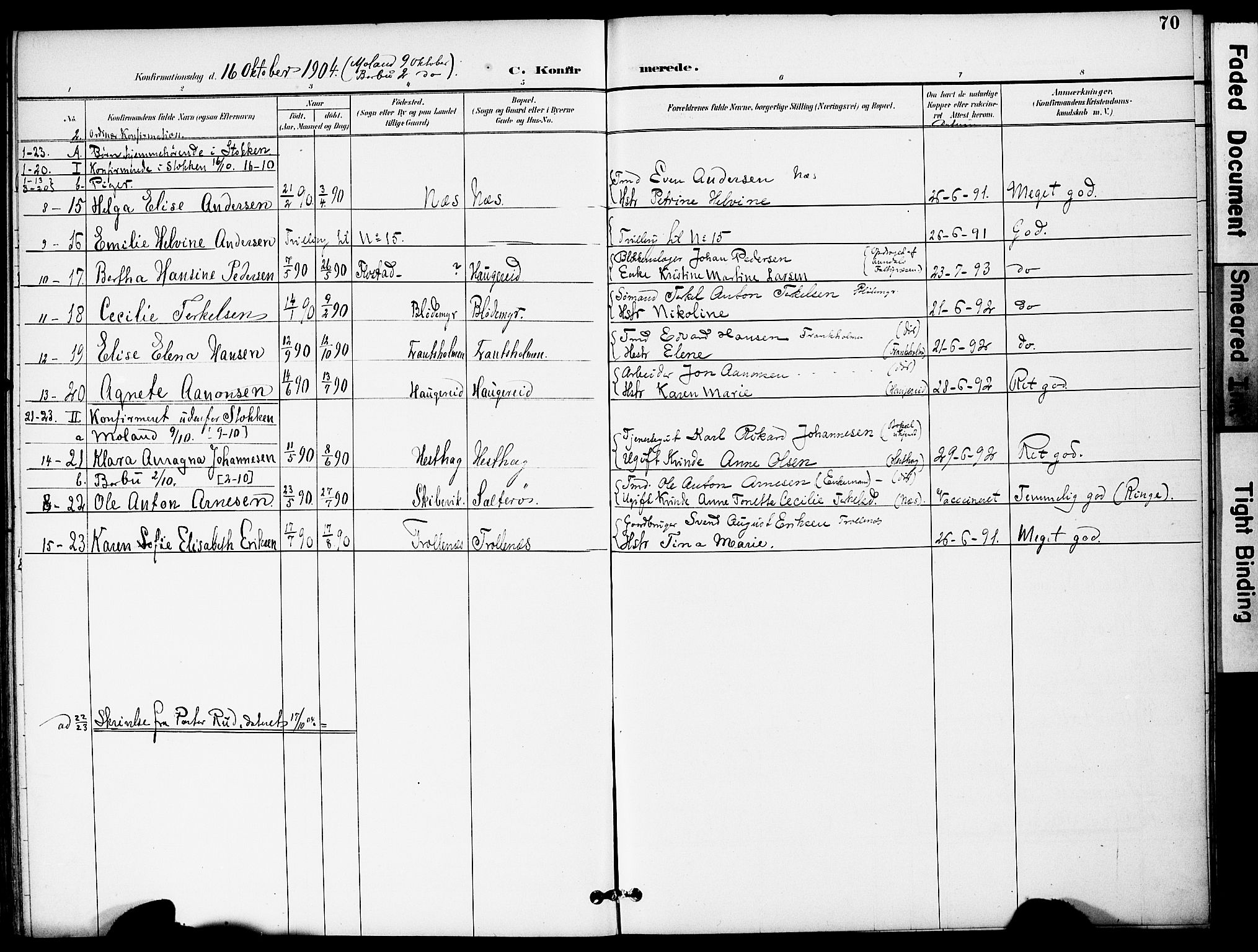 Austre Moland sokneprestkontor, AV/SAK-1111-0001/F/Fa/Fab/L0002: Parish register (official) no. A 2, 1894-1919, p. 70