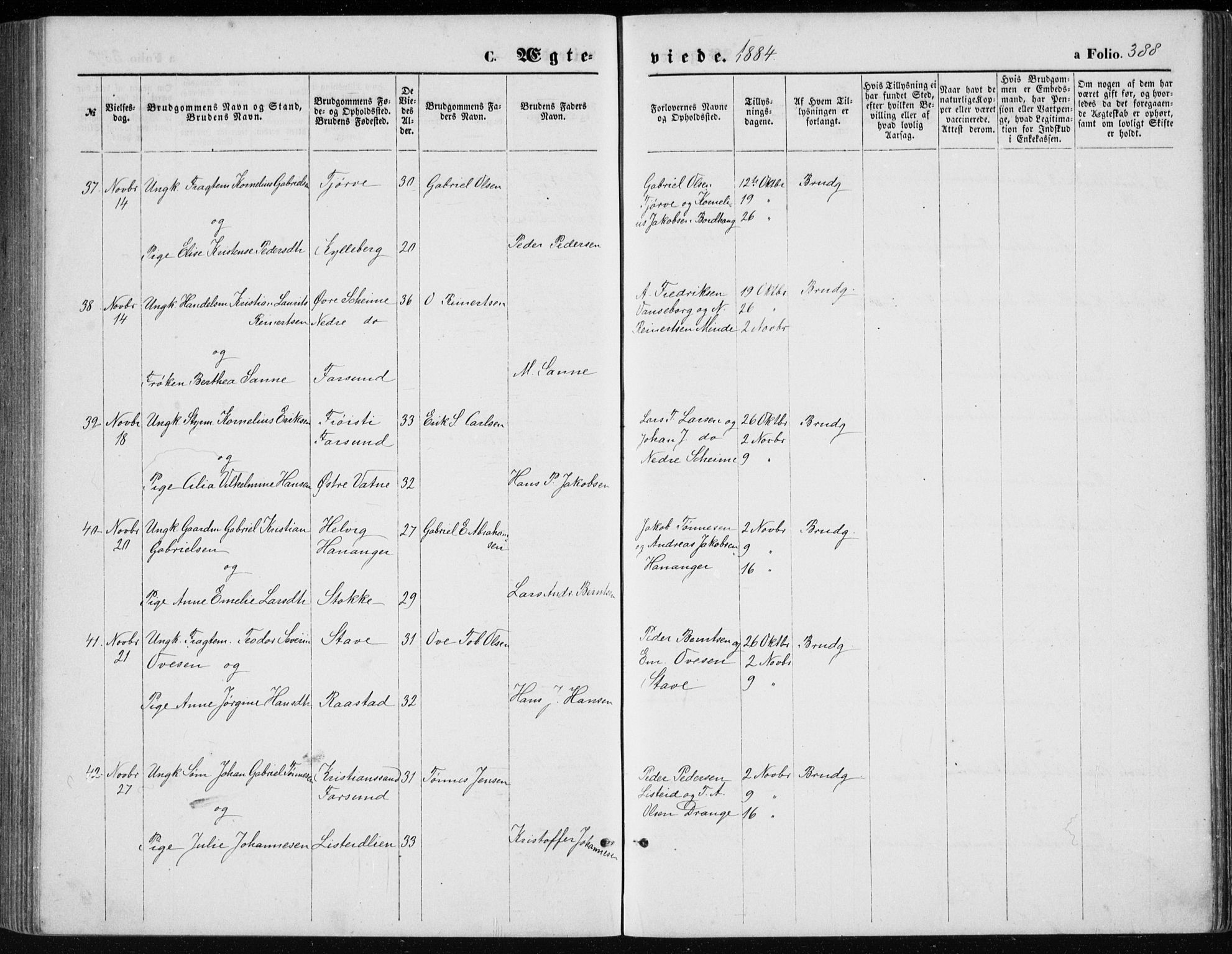 Lista sokneprestkontor, AV/SAK-1111-0027/F/Fb/L0004: Parish register (copy) no. B 4, 1877-1891, p. 388