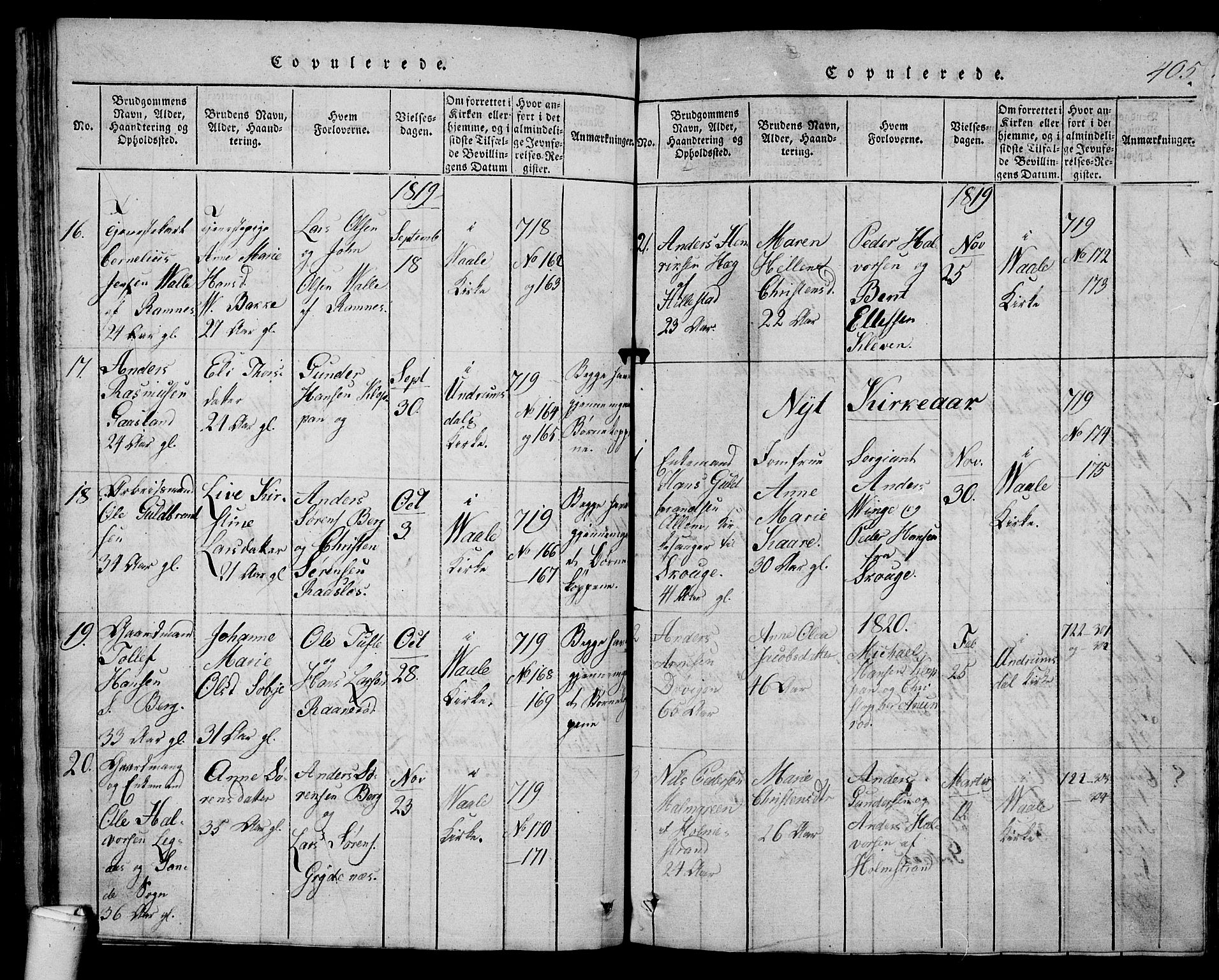 Våle kirkebøker, AV/SAKO-A-334/G/Ga/L0001: Parish register (copy) no. I 1, 1814-1824, p. 404-405