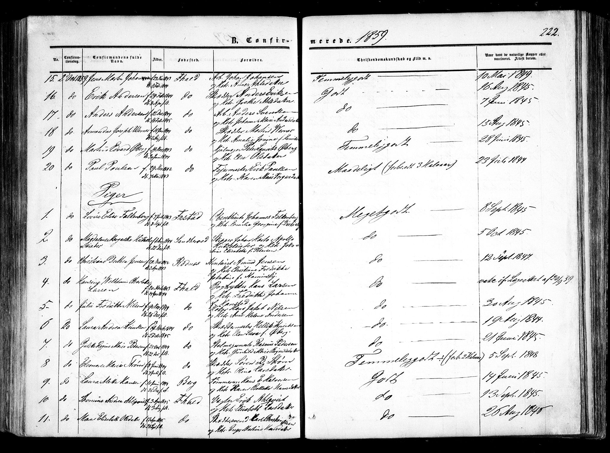 Halden prestekontor Kirkebøker, AV/SAO-A-10909/F/Fa/L0007: Parish register (official) no. I 7, 1857-1865, p. 222