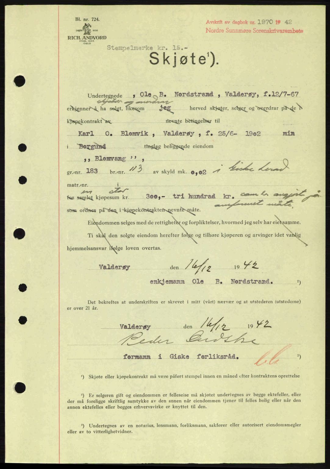 Nordre Sunnmøre sorenskriveri, AV/SAT-A-0006/1/2/2C/2Ca: Mortgage book no. A15, 1942-1943, Diary no: : 1970/1942