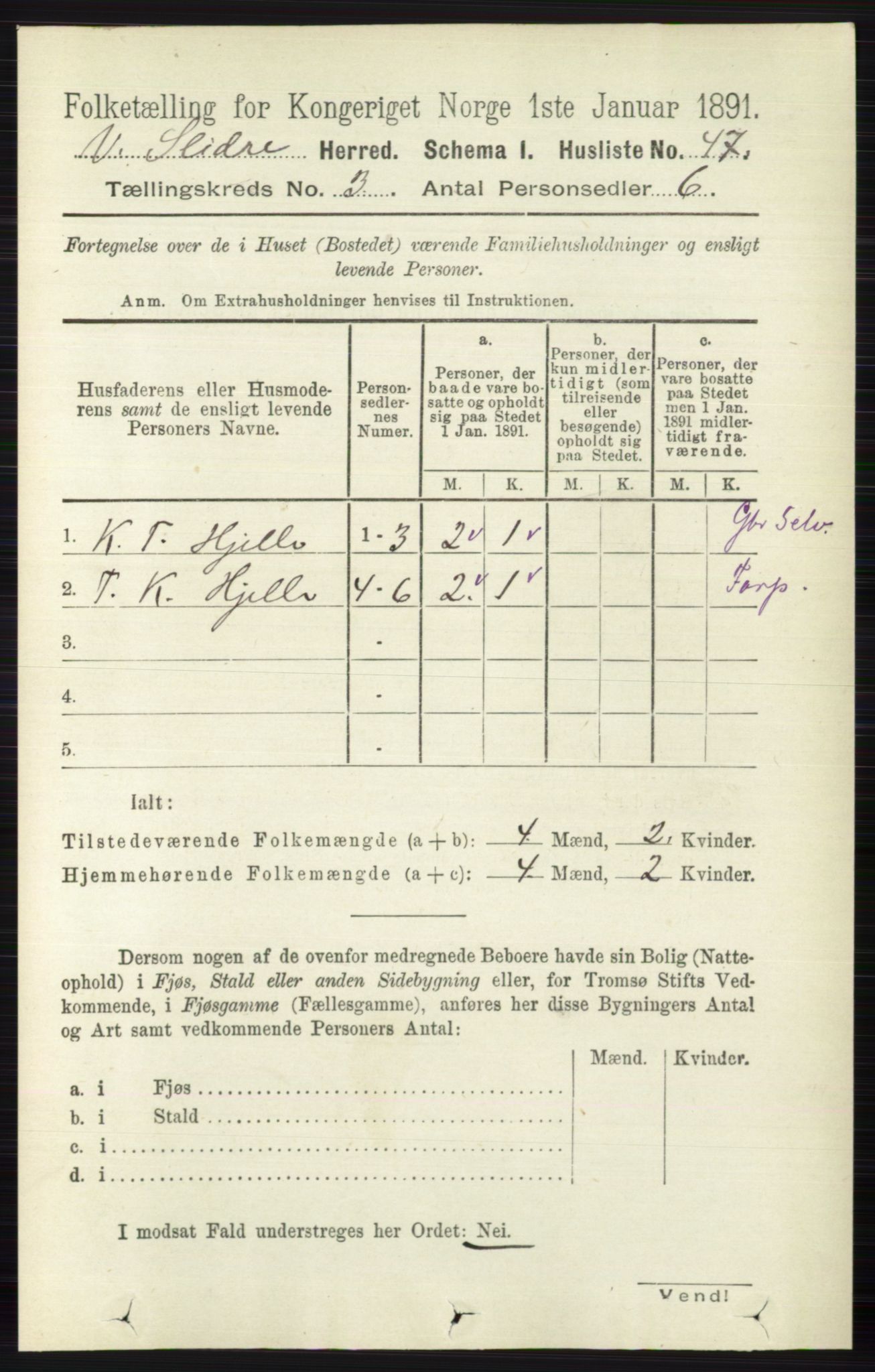 RA, 1891 census for 0543 Vestre Slidre, 1891, p. 810