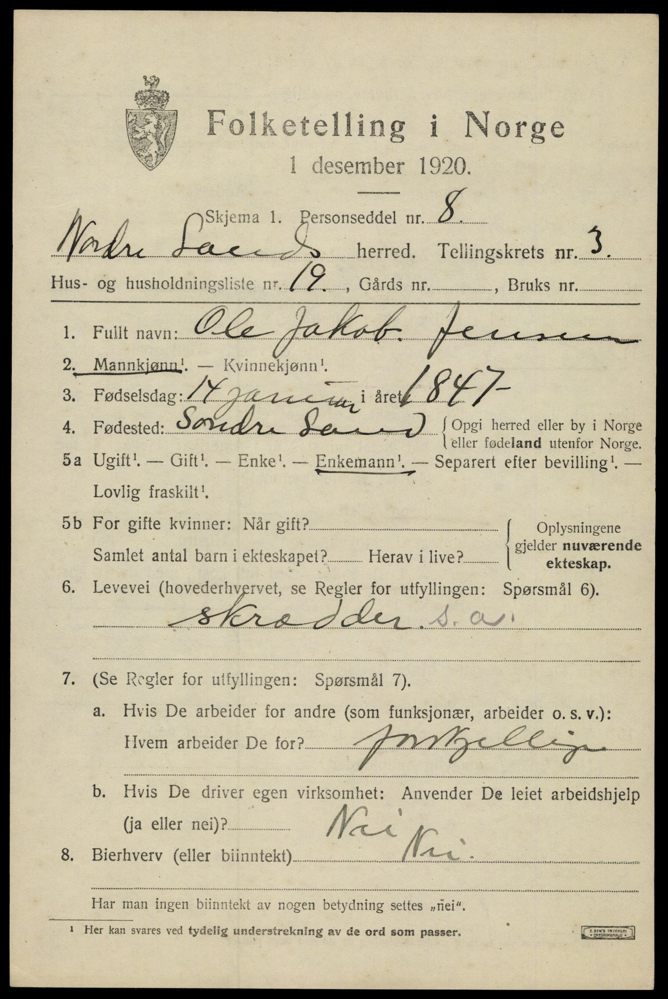 SAH, 1920 census for Nordre Land, 1920, p. 2445