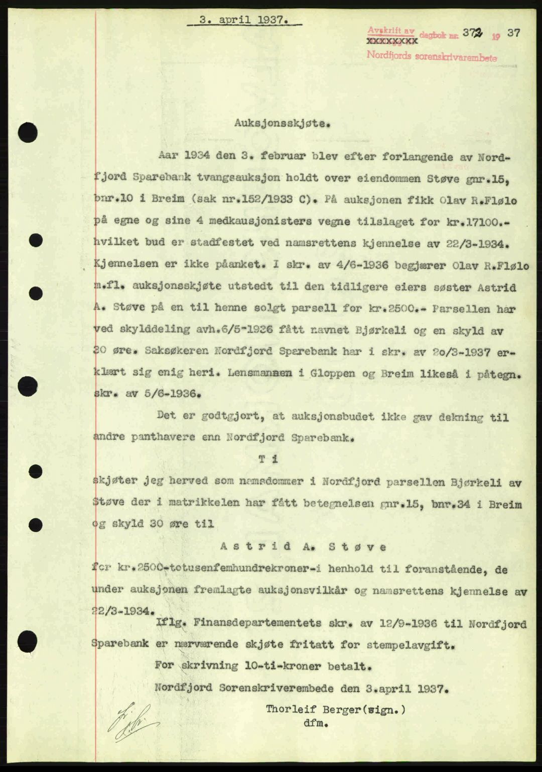 Nordfjord sorenskriveri, SAB/A-2801/02/02b/02bj/L0002: Mortgage book no. A2, 1937-1938, Diary no: : 372/1937