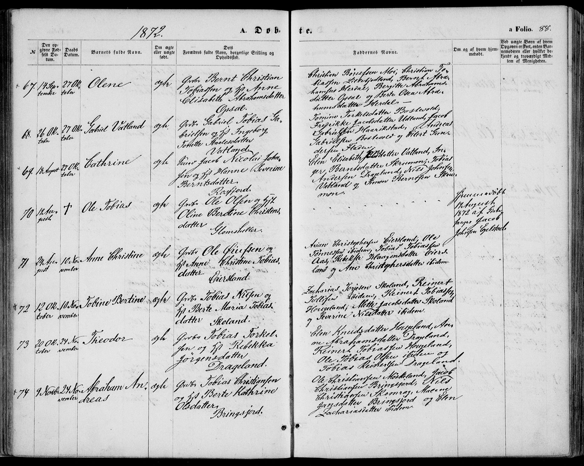 Lyngdal sokneprestkontor, AV/SAK-1111-0029/F/Fa/Fac/L0010: Parish register (official) no. A 10, 1865-1878, p. 88