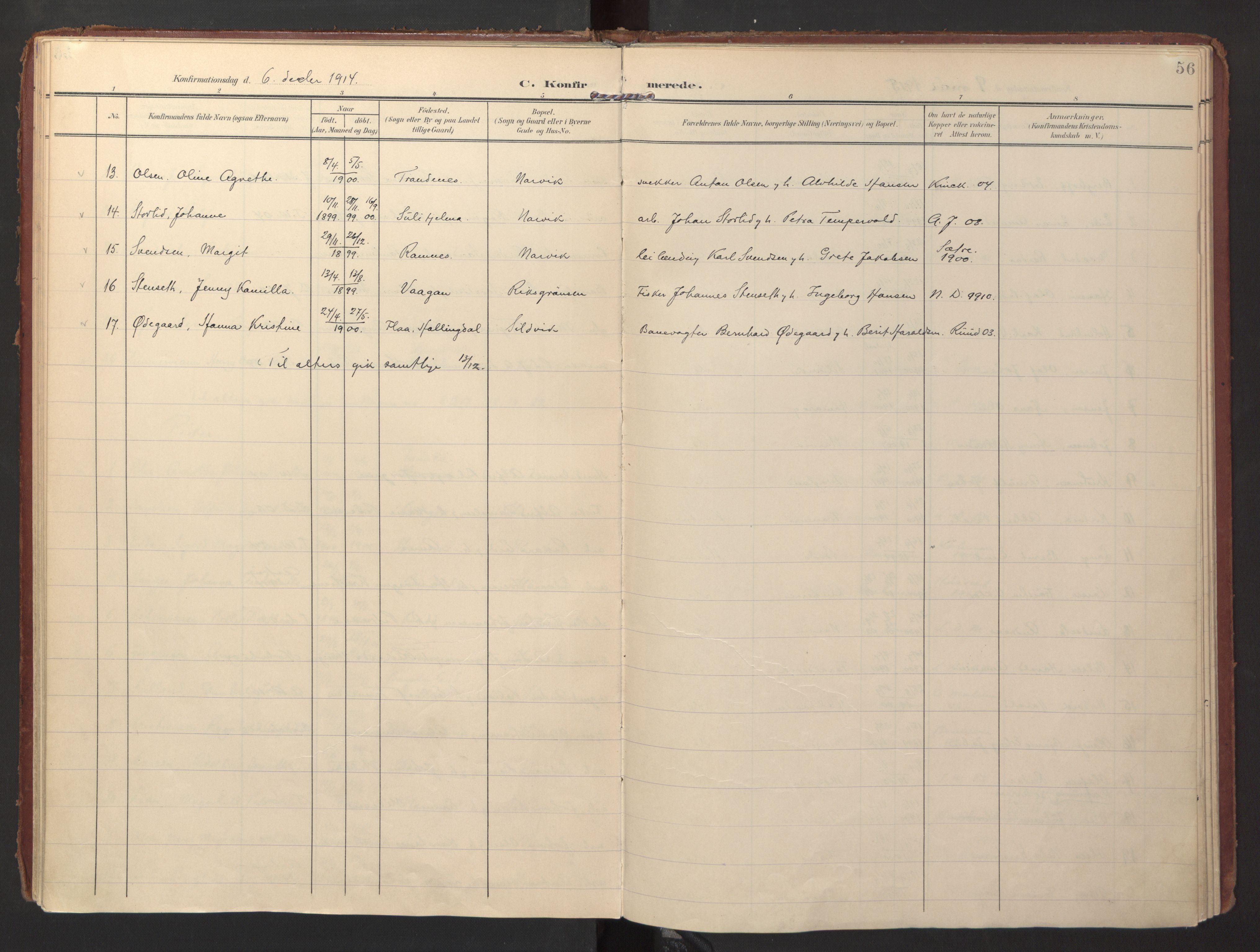 Ministerialprotokoller, klokkerbøker og fødselsregistre - Nordland, AV/SAT-A-1459/871/L0998: Parish register (official) no. 871A14, 1902-1921, p. 56