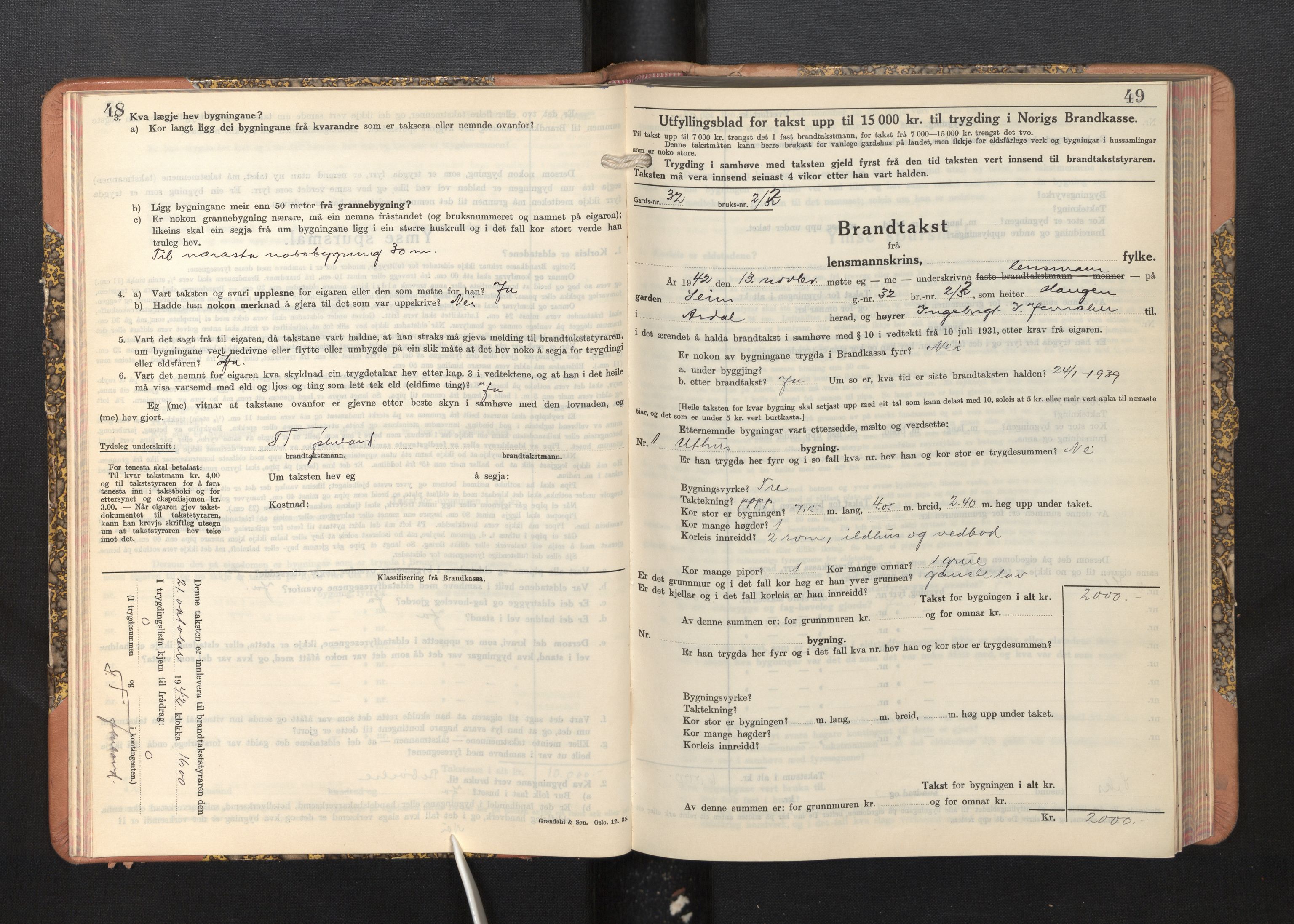 Lensmannen i Årdal, AV/SAB-A-30501/0012/L0011: Branntakstprotokoll, skjematakst, 1939-1948, p. 48-49