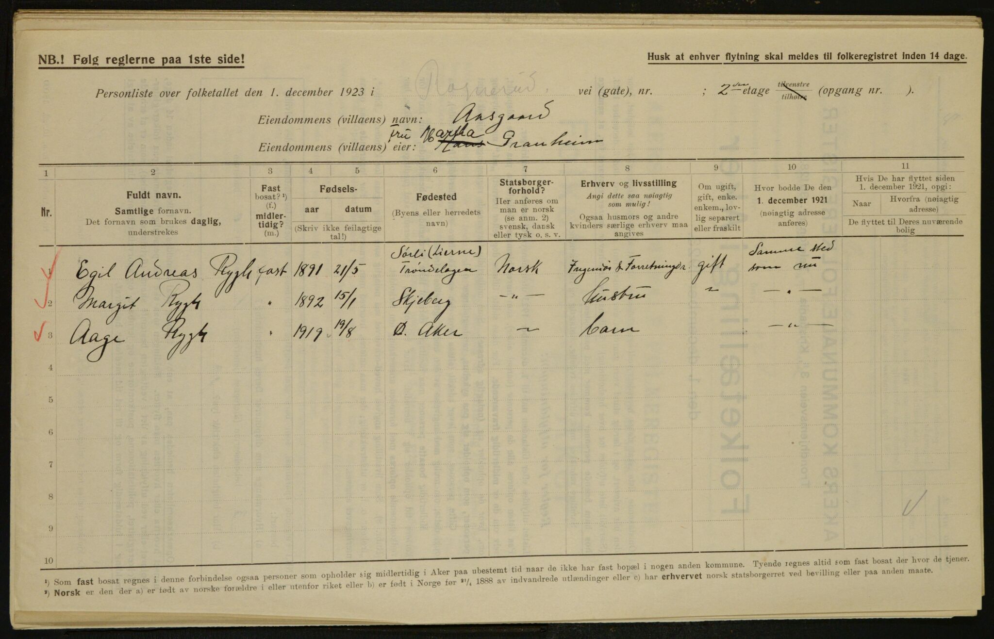 , Municipal Census 1923 for Aker, 1923, p. 29685