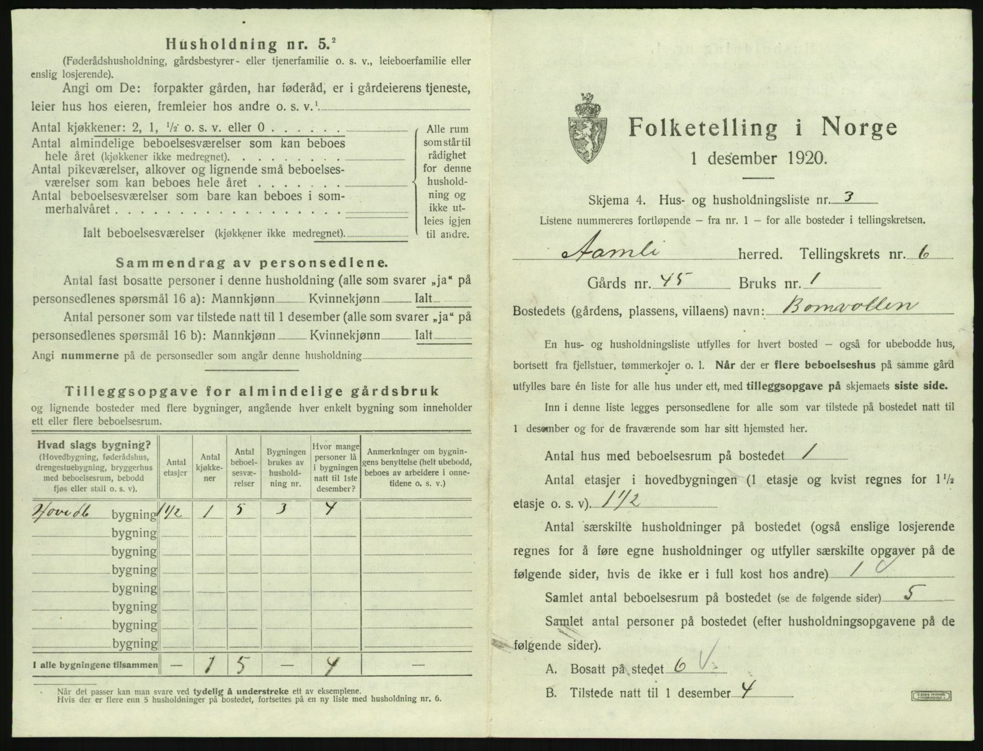 SAK, 1920 census for Åmli, 1920, p. 373