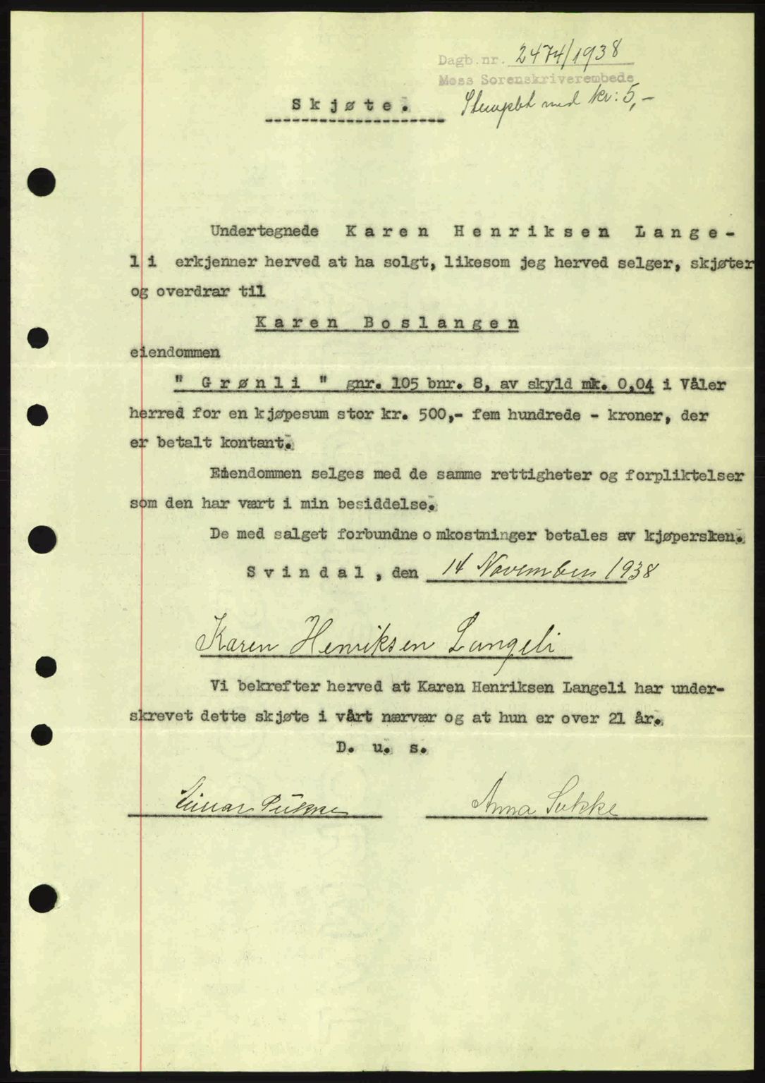 Moss sorenskriveri, SAO/A-10168: Mortgage book no. A5, 1938-1939, Diary no: : 2474/1938