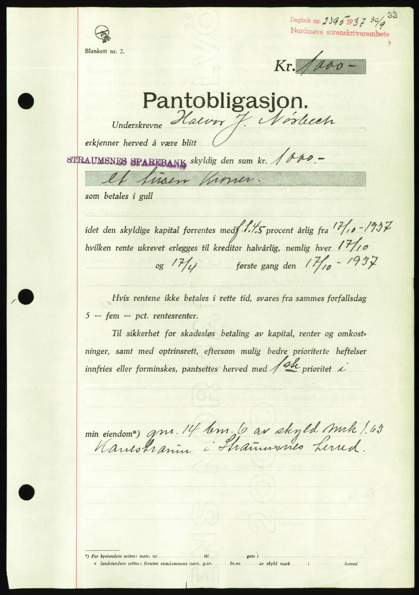 Nordmøre sorenskriveri, AV/SAT-A-4132/1/2/2Ca/L0092: Mortgage book no. B82, 1937-1938, Diary no: : 2395/1937