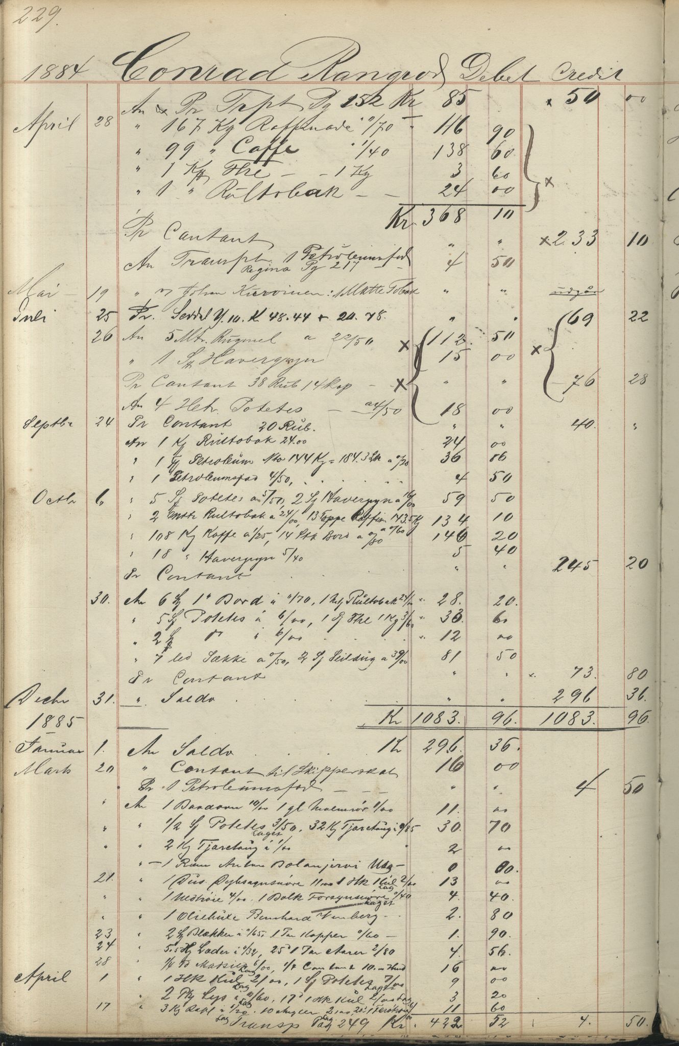 Brodtkorb handel A/S, VAMU/A-0001/F/Fc/L0001/0001: Konto for kvener og nordmenn på Kolahalvøya  / Conto for Kvæner og Nordmænd paa Russefinmarken No 1, 1868-1894, p. 229