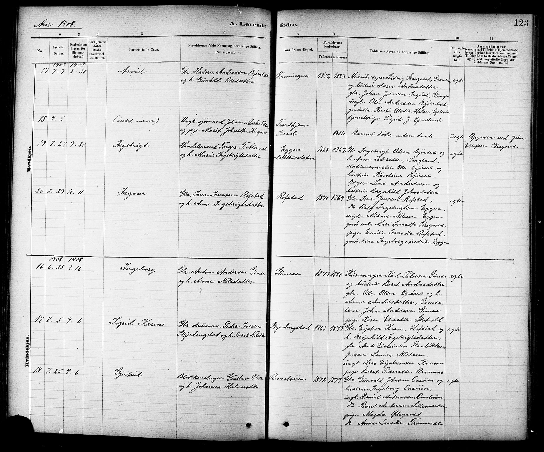 Ministerialprotokoller, klokkerbøker og fødselsregistre - Sør-Trøndelag, SAT/A-1456/691/L1094: Parish register (copy) no. 691C05, 1879-1911, p. 123