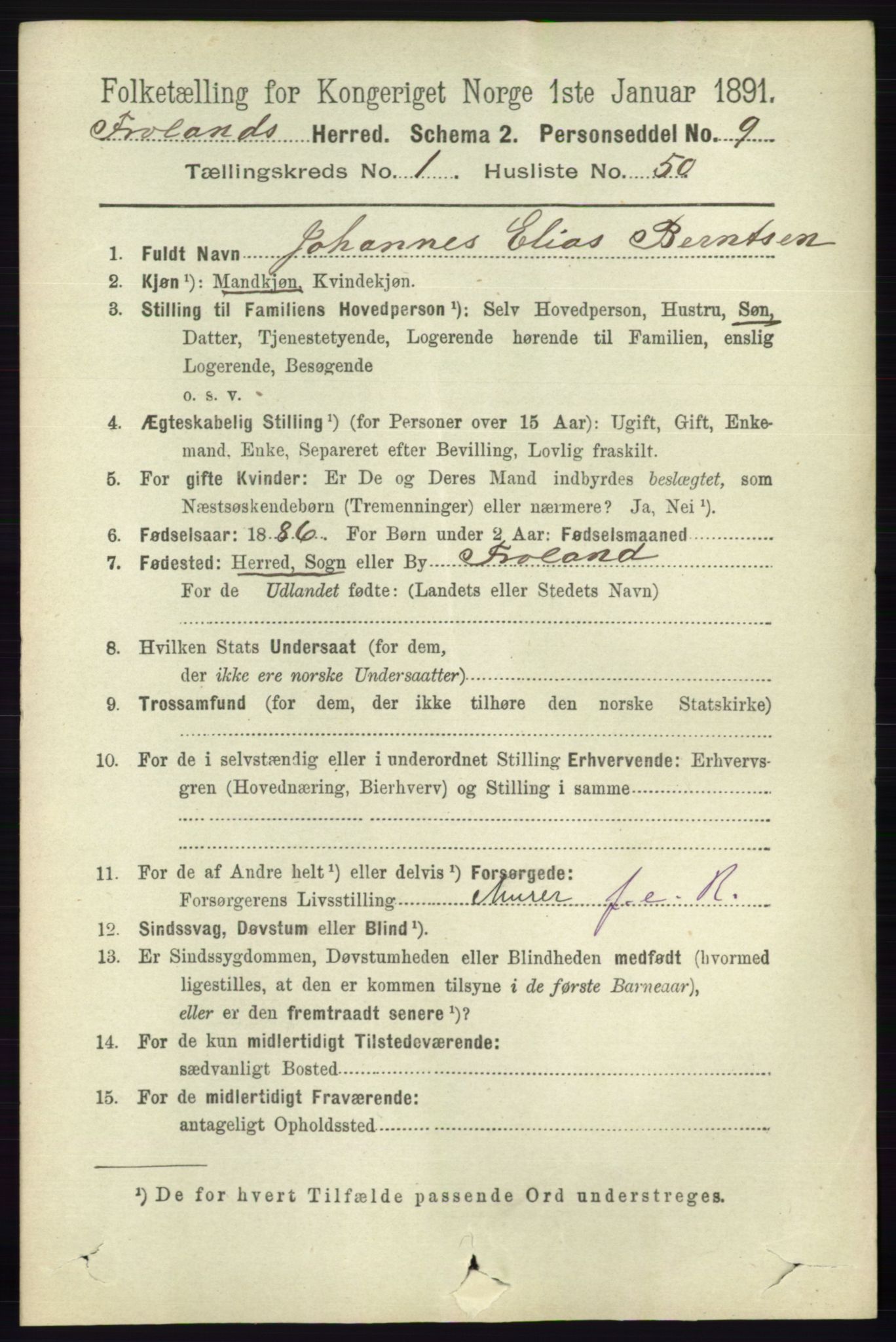 RA, 1891 census for 0919 Froland, 1891, p. 400