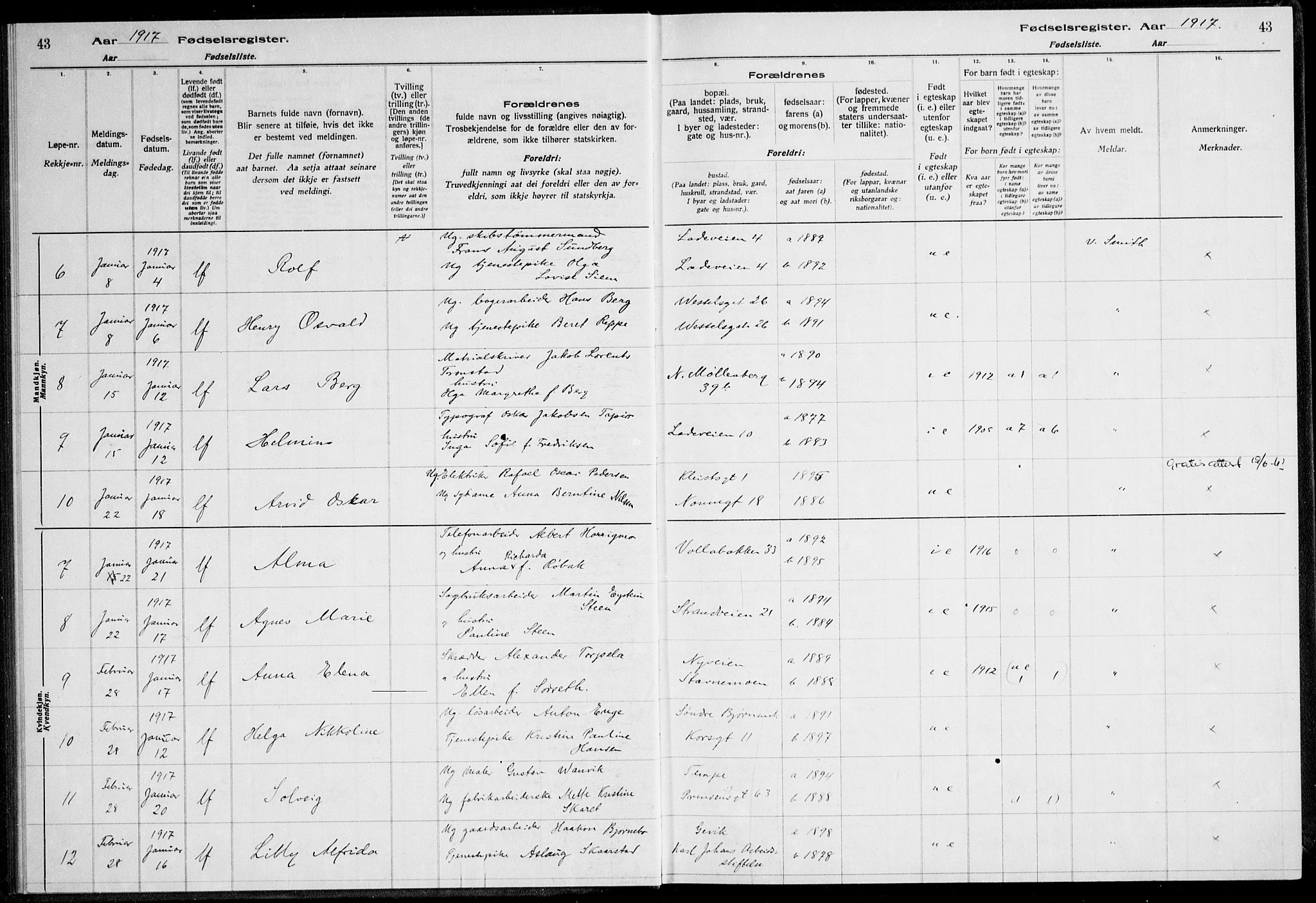 Ministerialprotokoller, klokkerbøker og fødselsregistre - Sør-Trøndelag, SAT/A-1456/600/L0002: Birth register no. 600.II.4.1, 1916-1920, p. 43