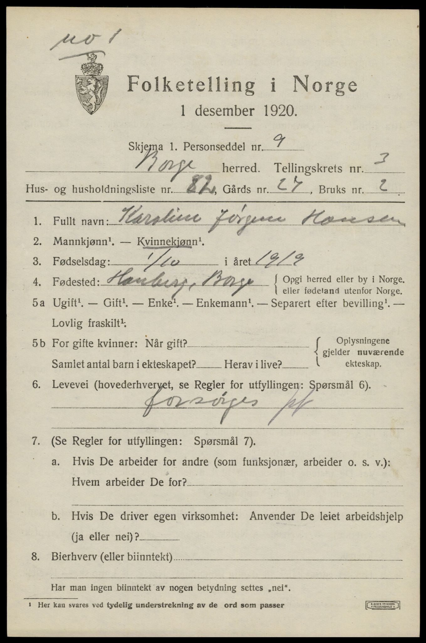 SAT, 1920 census for Borge, 1920, p. 4279