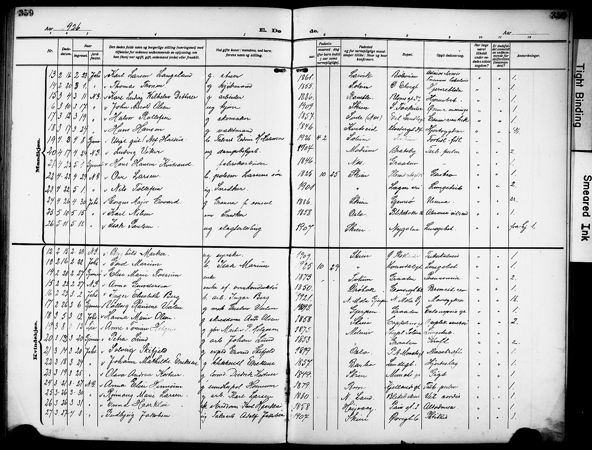 Skien kirkebøker, SAKO/A-302/G/Ga/L0010: Parish register (copy) no. 10, 1920-1931, p. 359