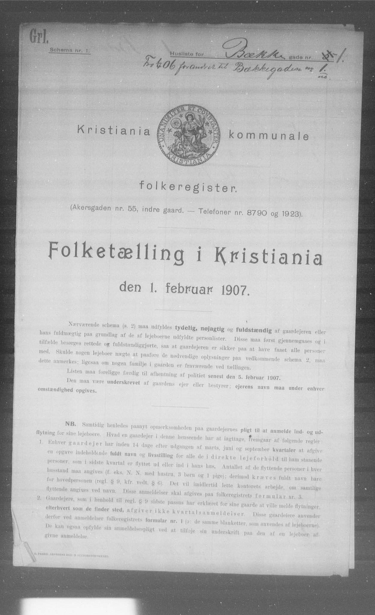 OBA, Municipal Census 1907 for Kristiania, 1907, p. 1843