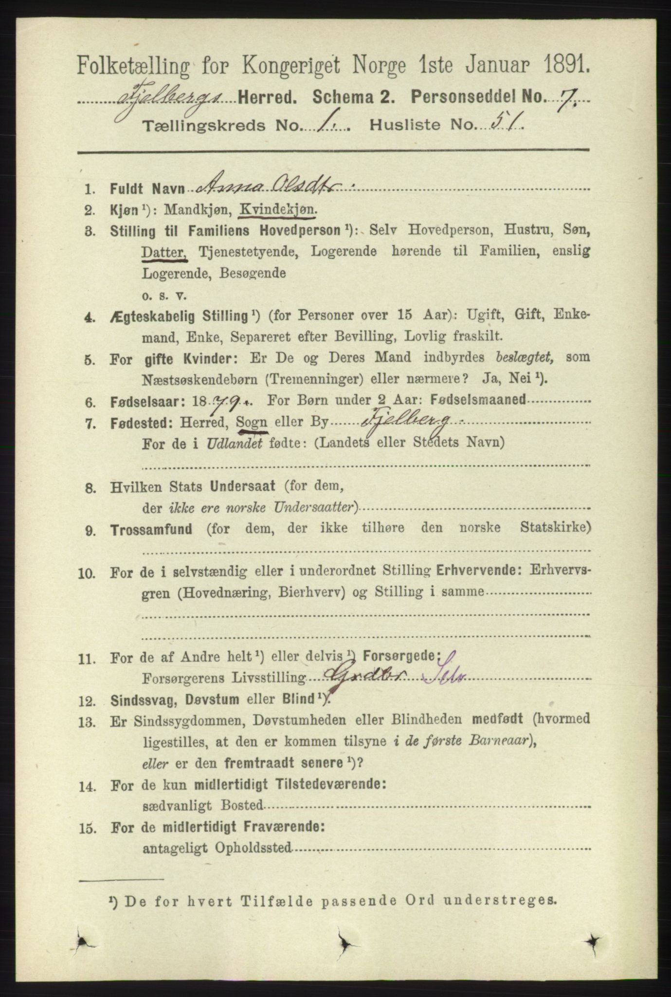 RA, 1891 census for 1213 Fjelberg, 1891, p. 365