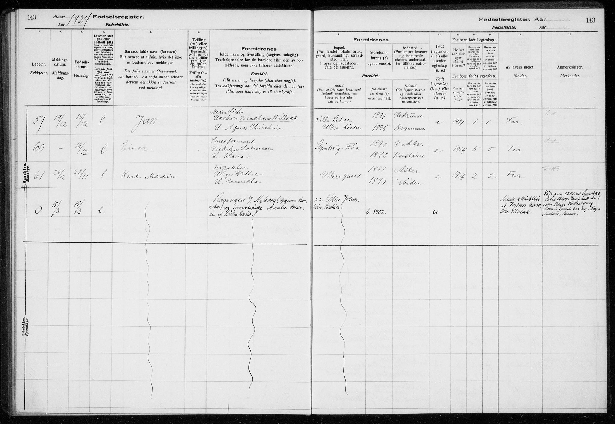 Ullern prestekontor Kirkebøker, AV/SAO-A-10740/J/L0001: Birth register no. 1, 1916-1928, p. 143