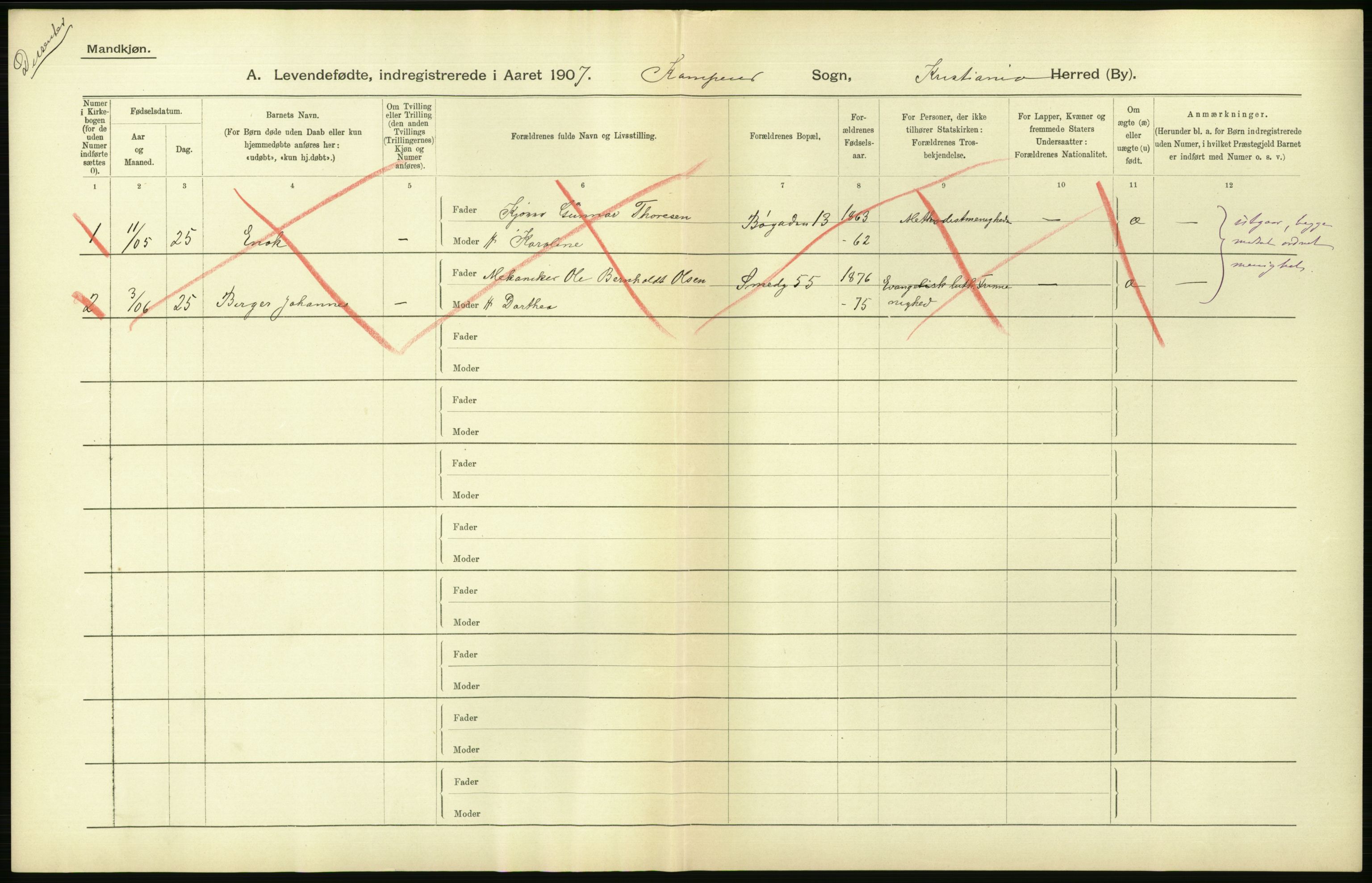 Statistisk sentralbyrå, Sosiodemografiske emner, Befolkning, AV/RA-S-2228/D/Df/Dfa/Dfae/L0007: Kristiania: Levendefødte menn og kvinner., 1907, p. 422