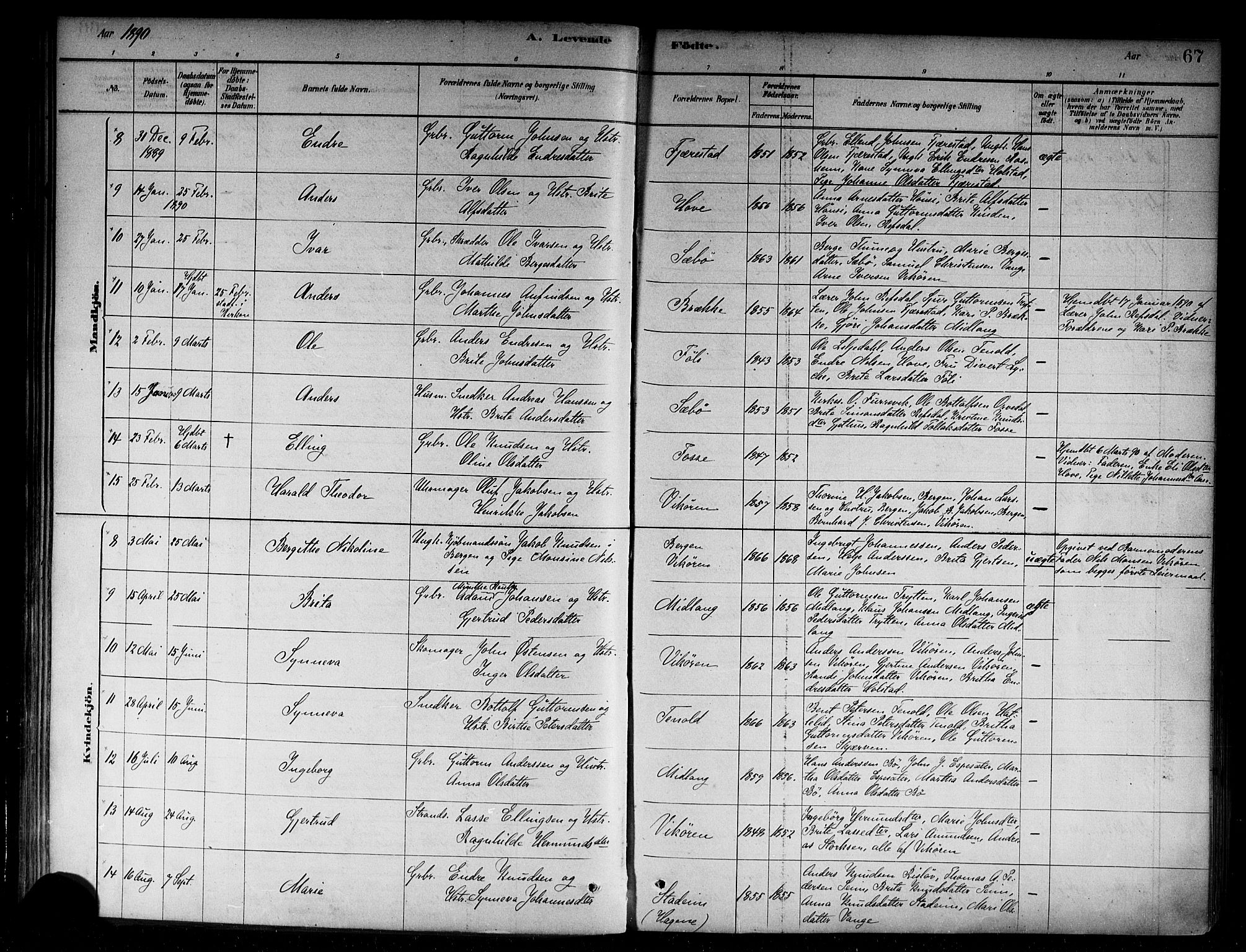 Vik sokneprestembete, AV/SAB-A-81501/H/Haa/Haab/L0001: Parish register (official) no. B 1, 1878-1890, p. 67