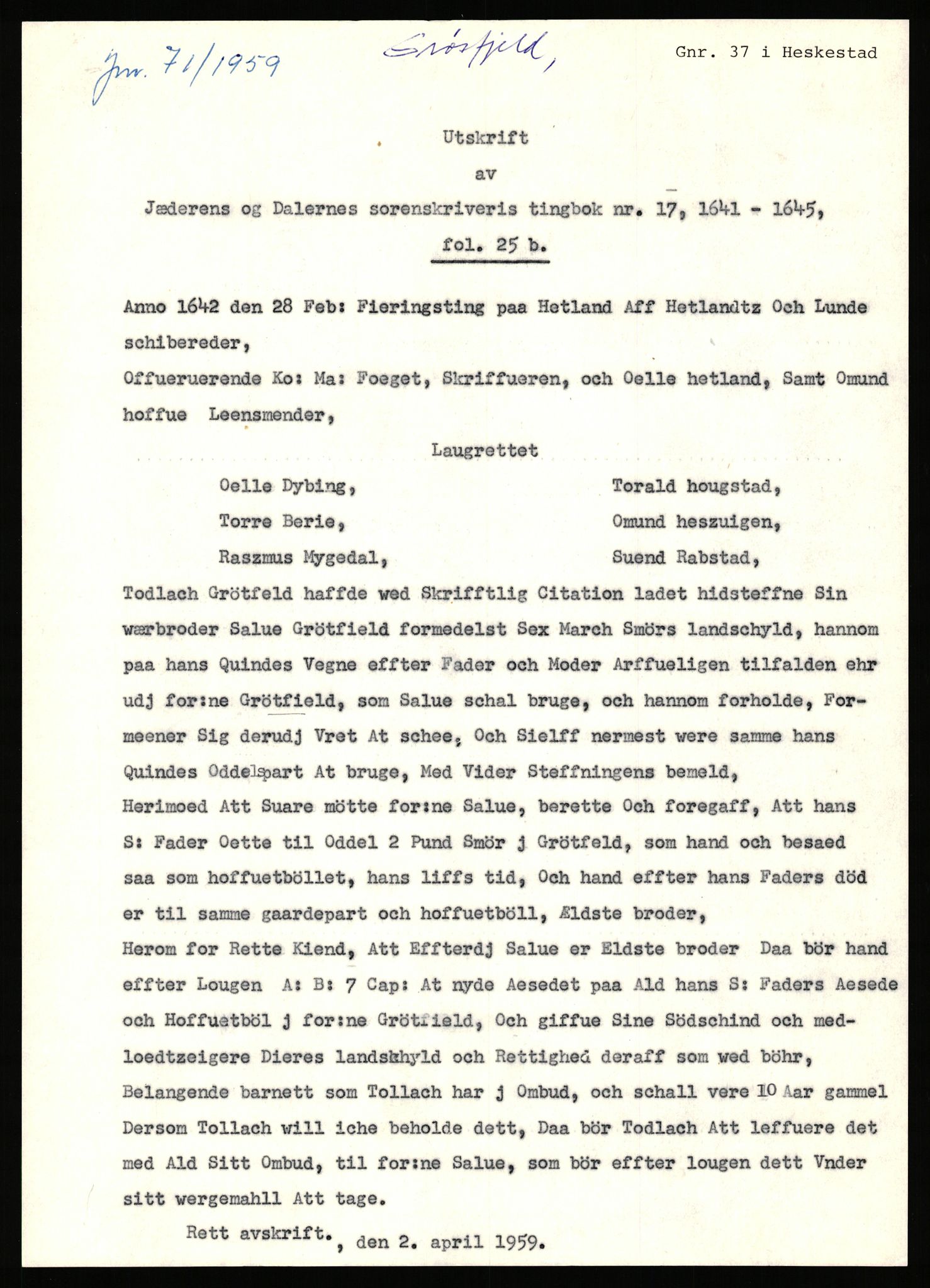 Statsarkivet i Stavanger, AV/SAST-A-101971/03/Y/Yj/L0027: Avskrifter sortert etter gårdsnavn: Gravdal - Grøtteland, 1750-1930, p. 609