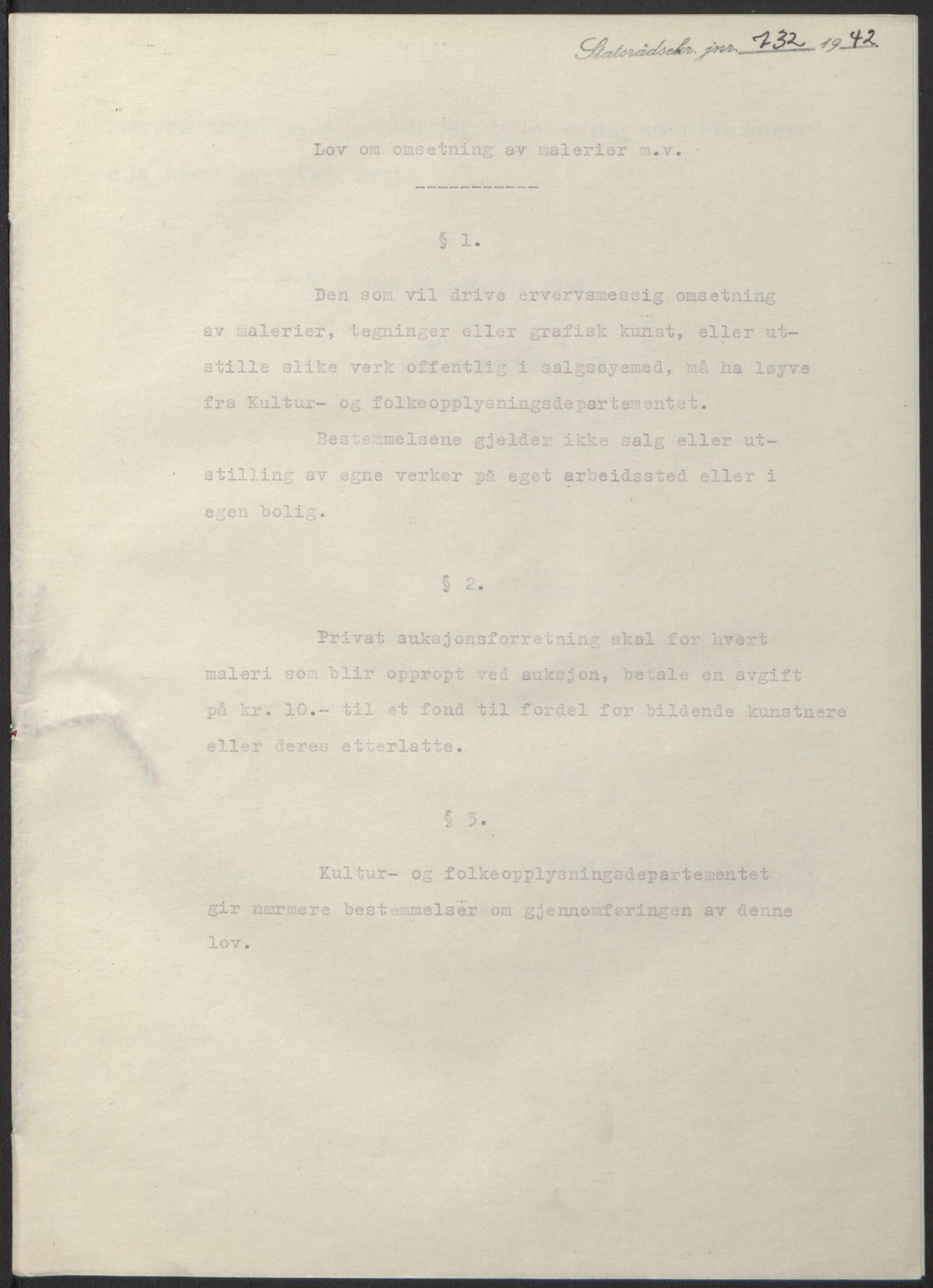 NS-administrasjonen 1940-1945 (Statsrådsekretariatet, de kommisariske statsråder mm), AV/RA-S-4279/D/Db/L0098: Lover II, 1942, p. 464