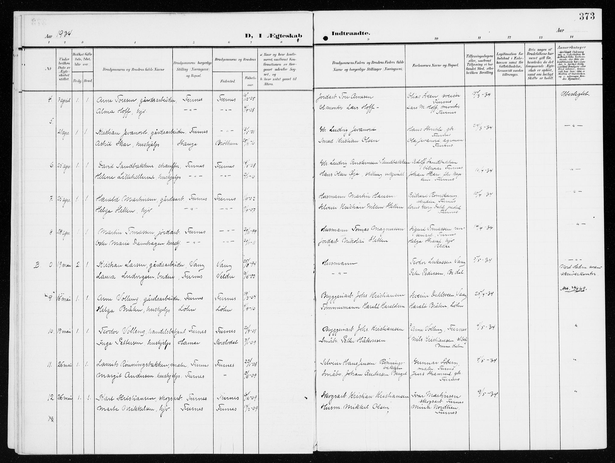 Furnes prestekontor, AV/SAH-PREST-012/K/Ka/L0001: Parish register (official) no. 1, 1907-1935, p. 373