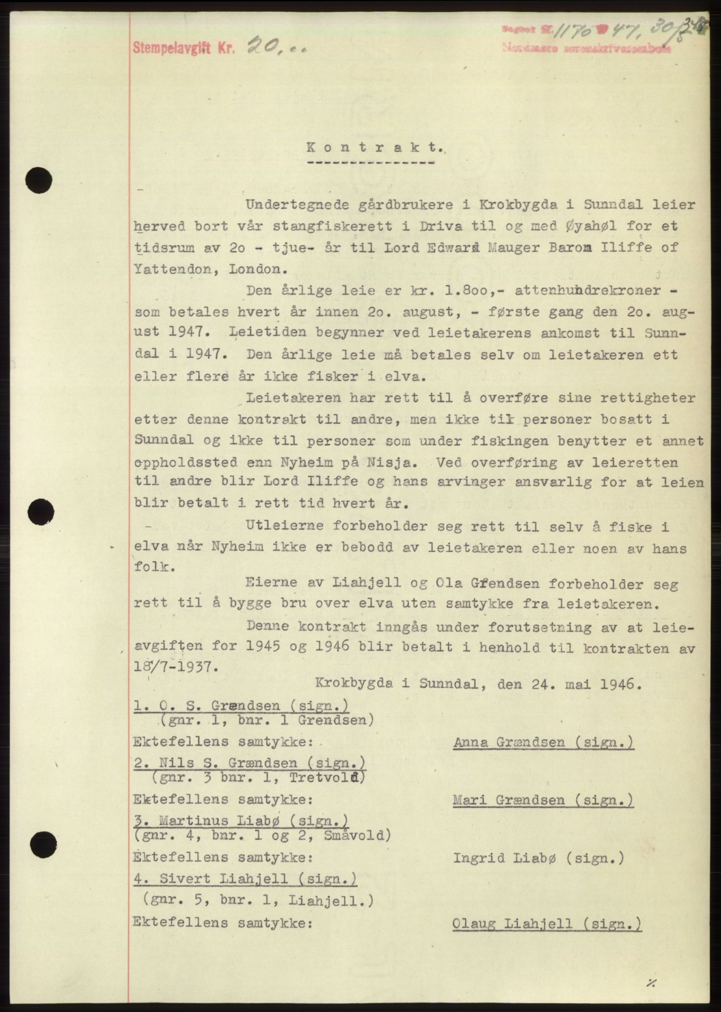 Nordmøre sorenskriveri, AV/SAT-A-4132/1/2/2Ca: Mortgage book no. B96, 1947-1947, Diary no: : 1170/1947