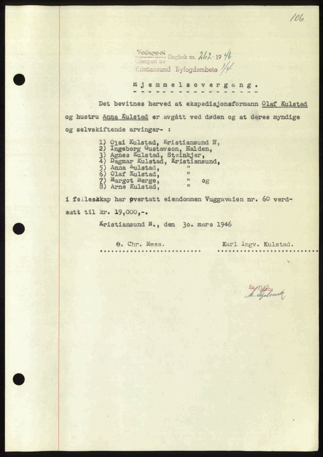 Kristiansund byfogd, AV/SAT-A-4587/A/27: Mortgage book no. 39b, 1946-1947, Diary no: : 262/1946