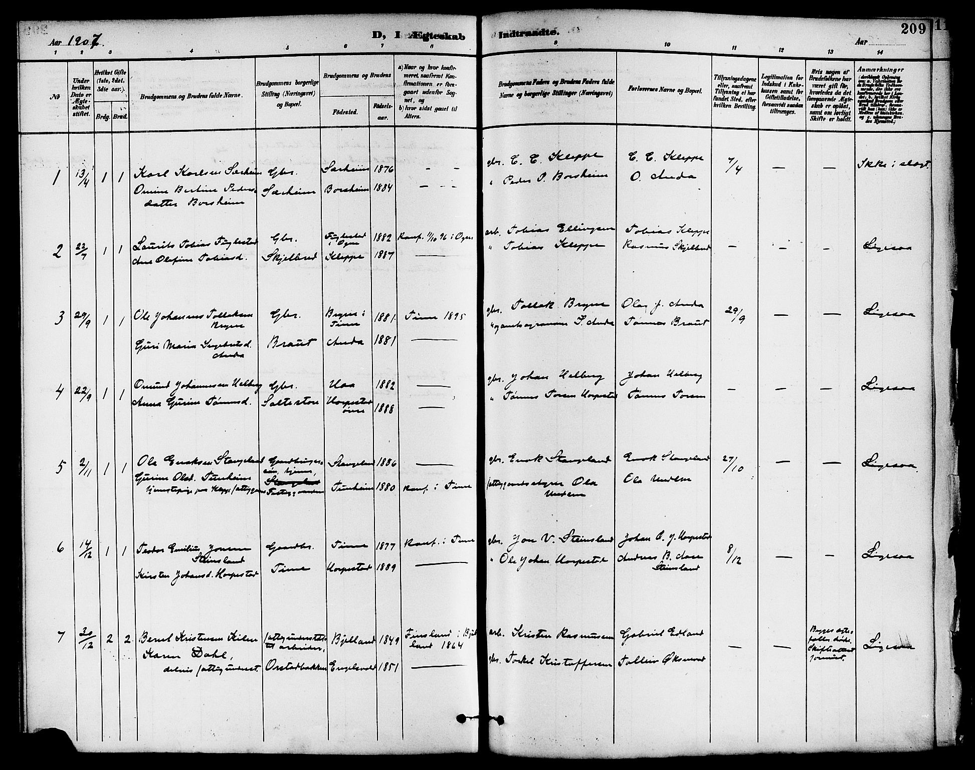 Klepp sokneprestkontor, SAST/A-101803/001/3/30BB/L0004: Parish register (copy) no. B 4, 1889-1914, p. 209