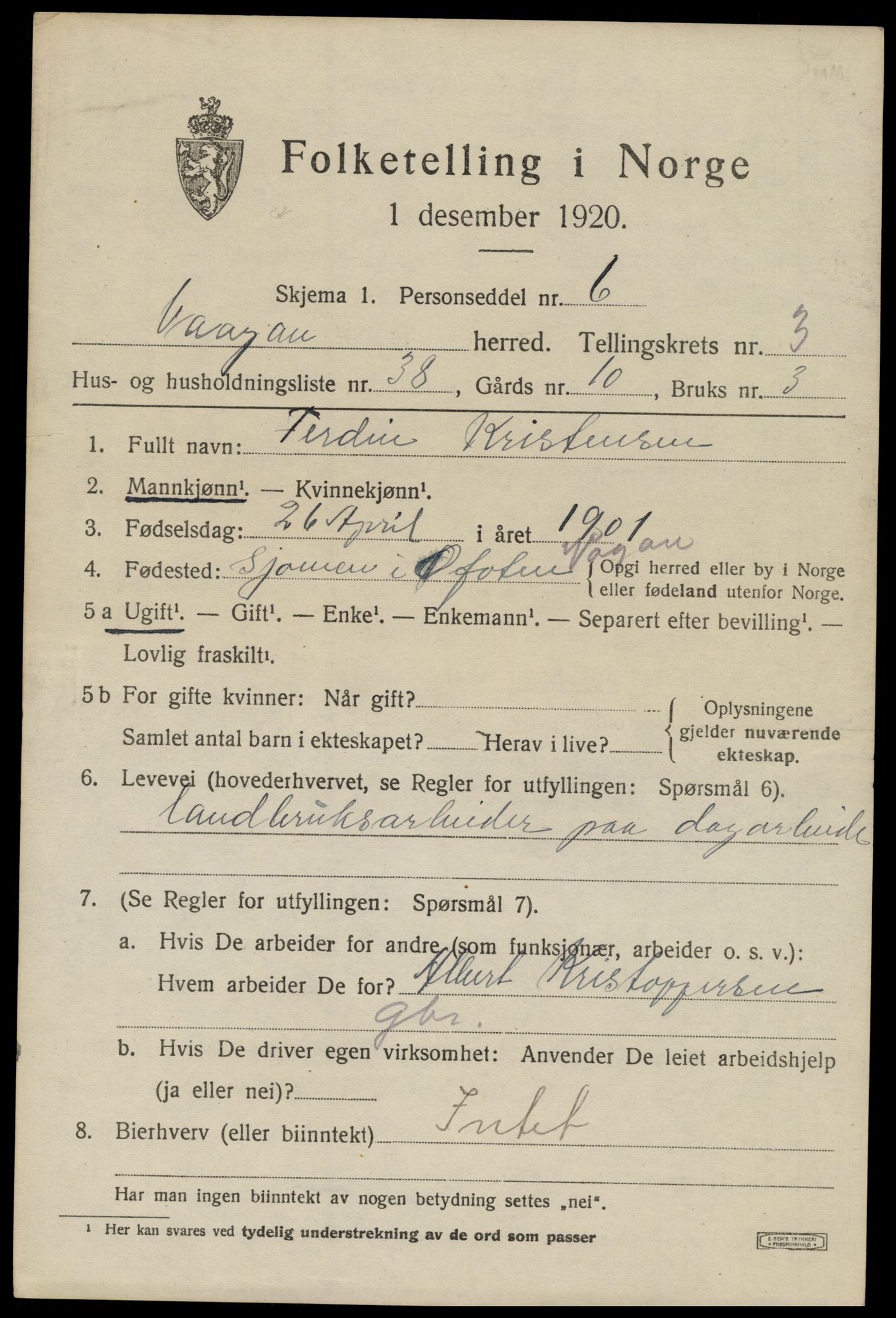 SAT, 1920 census for Vågan, 1920, p. 3045