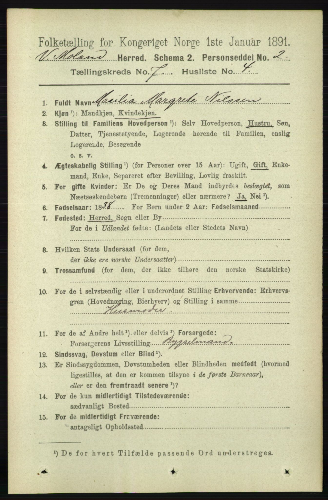 RA, 1891 census for 0926 Vestre Moland, 1891, p. 2811